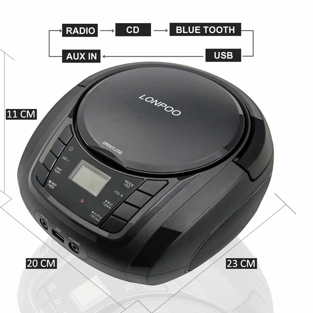 Lettore CD Portatile LONPOO Boombox Stereo Bluetooth con Altoparlanti Integrati, Ingresso USB, AUX, Uscita Cuffie (Black)