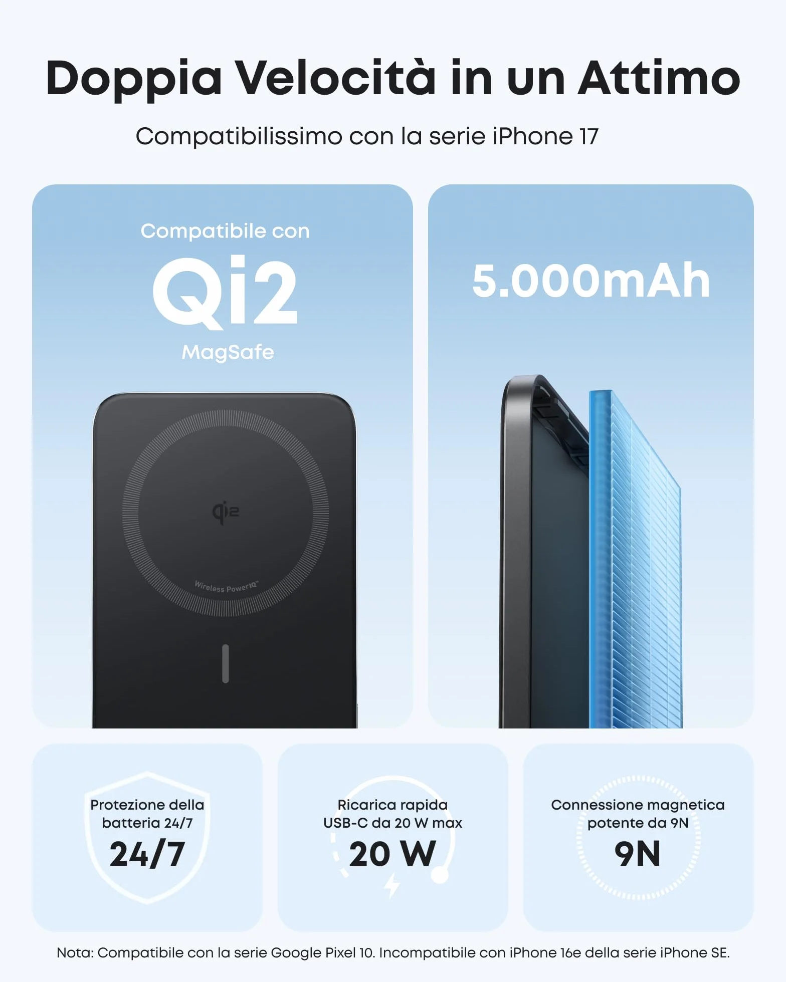 Anker Nano Power Bank Magsafe 5000 mAh, Certificato Qi2 da 15W Batteria Magnetica Ultra Sottile, Caricabatterie Portatile Ultra Veloce, Design Ergonomico, Solo per iPhone 17 Pro Max Air/Serie 16-12
