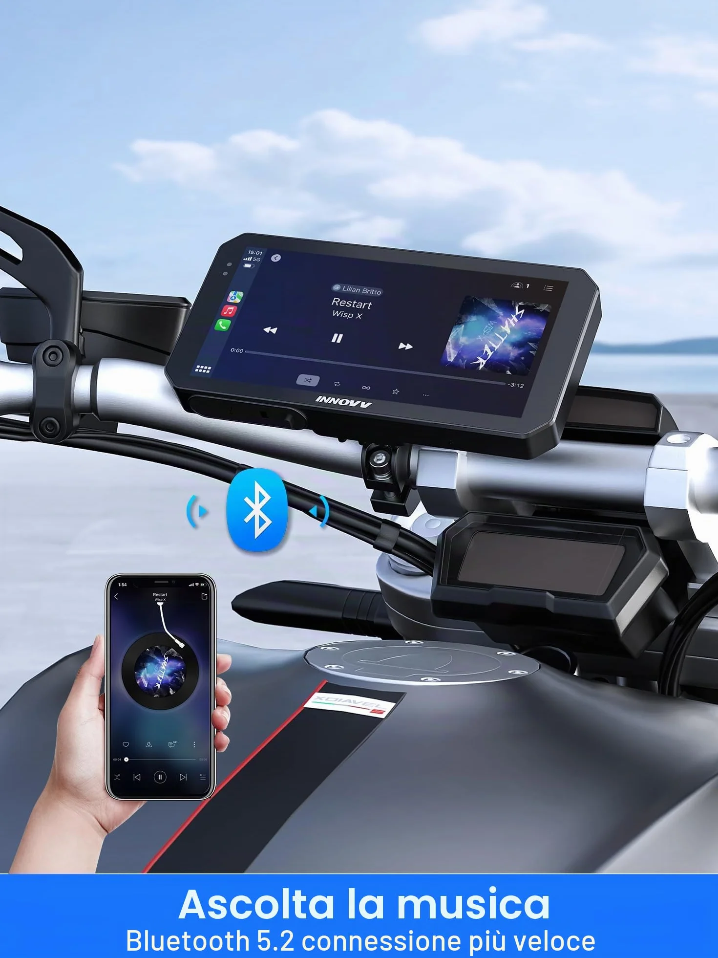 INNOVV N2 6 pollici Apple Carplay Schermo per Moto, Touch Screen Wireless Apple CarPlay & Android Sistema di Navigazione GPS Auto, 5G Wi-Fi, IP67 Impermeabile, Bluetooth, Modalità Parcheggio, Siri