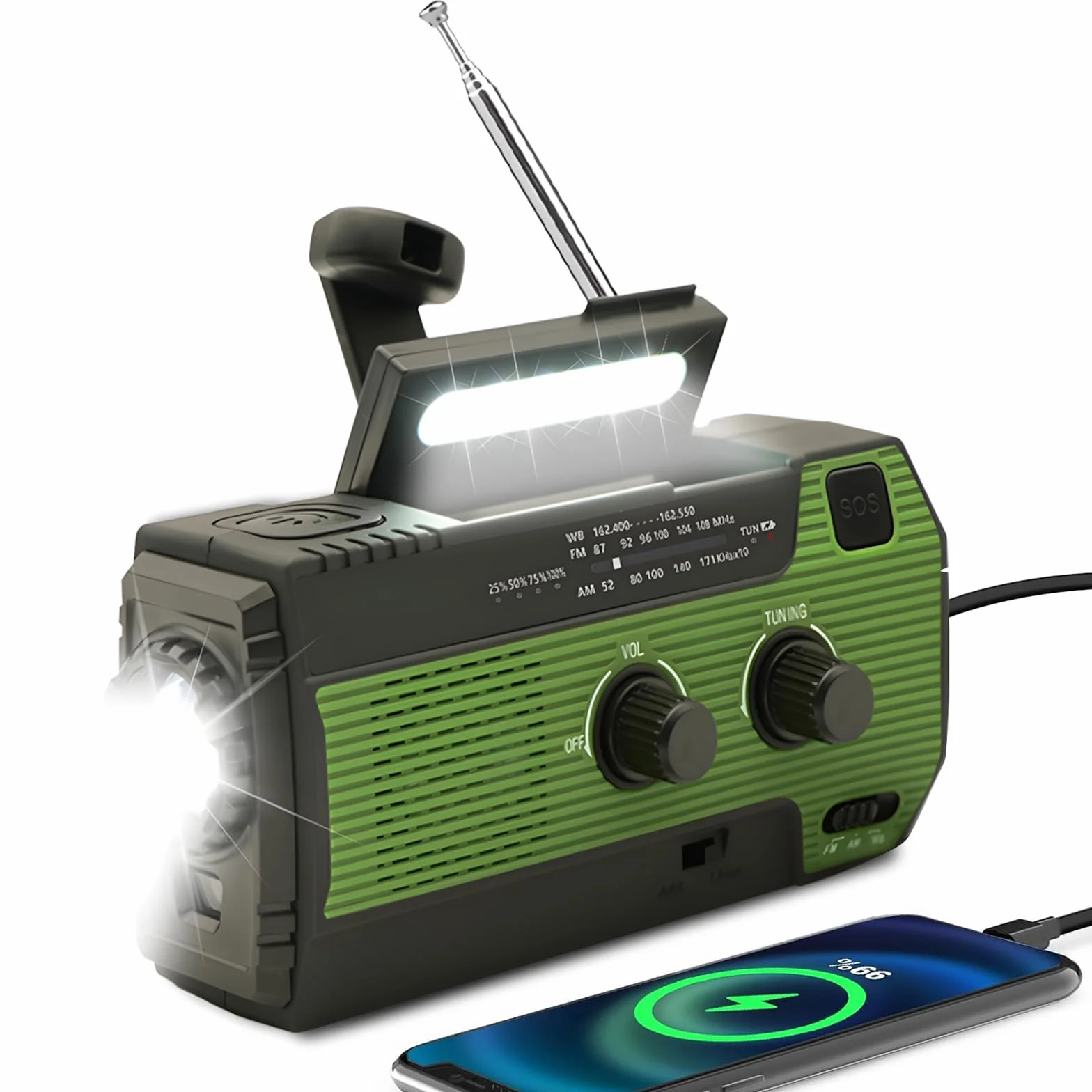 SOLARBABY Radio solare di emergenza con manovella, torcia LED, allarme SOS, AM/FM, batteria 4000 mAh, ricarica smartphone (Verde)