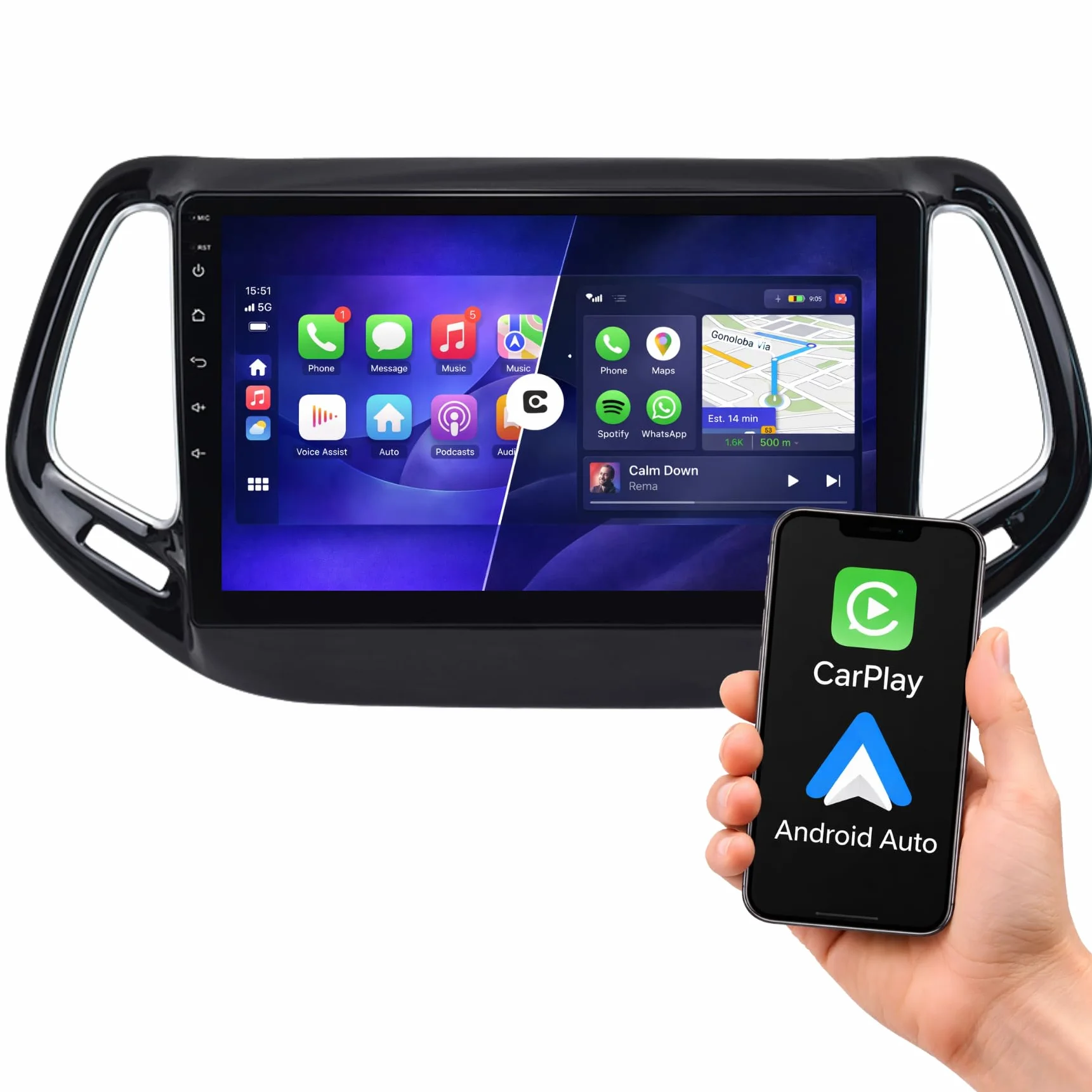 Autoradio 10" Android per Jeep Compass 2015 2016 2017 2018 2019 2020, Wireless CarPlay Android Auto, Navigazione GPS, Bluetooth, WiFi, Schermo Touch HD, Supporto Retrocamera 4+64