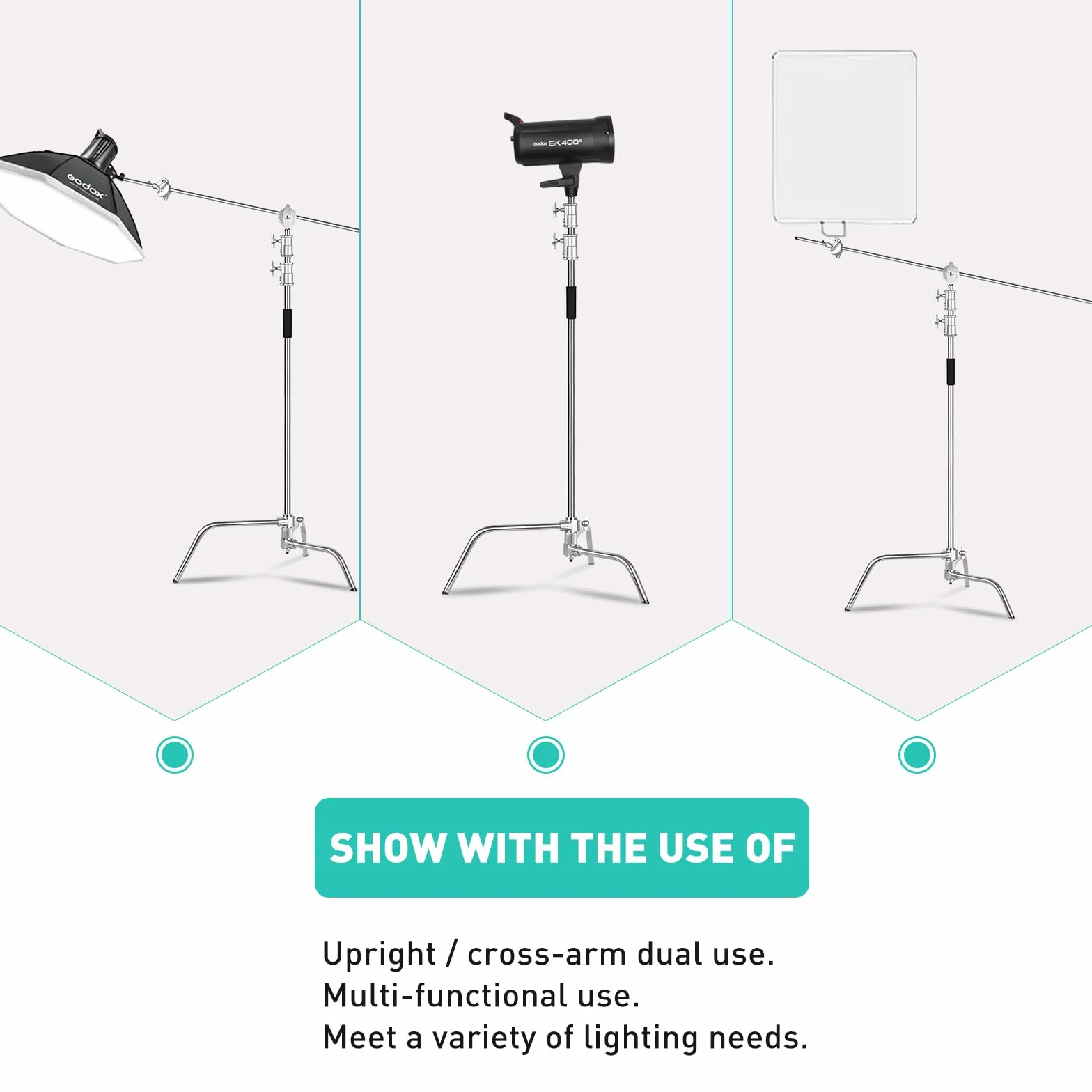 C Stand 100% Acciaio Inossidabile per Carichi Pesanti con Braccio a Braccio,Altezza Max 330cm Supporto C Regolabile Supporto per Lampada con Braccio di Sostegno da 127cm,2 Teste con Maniglia