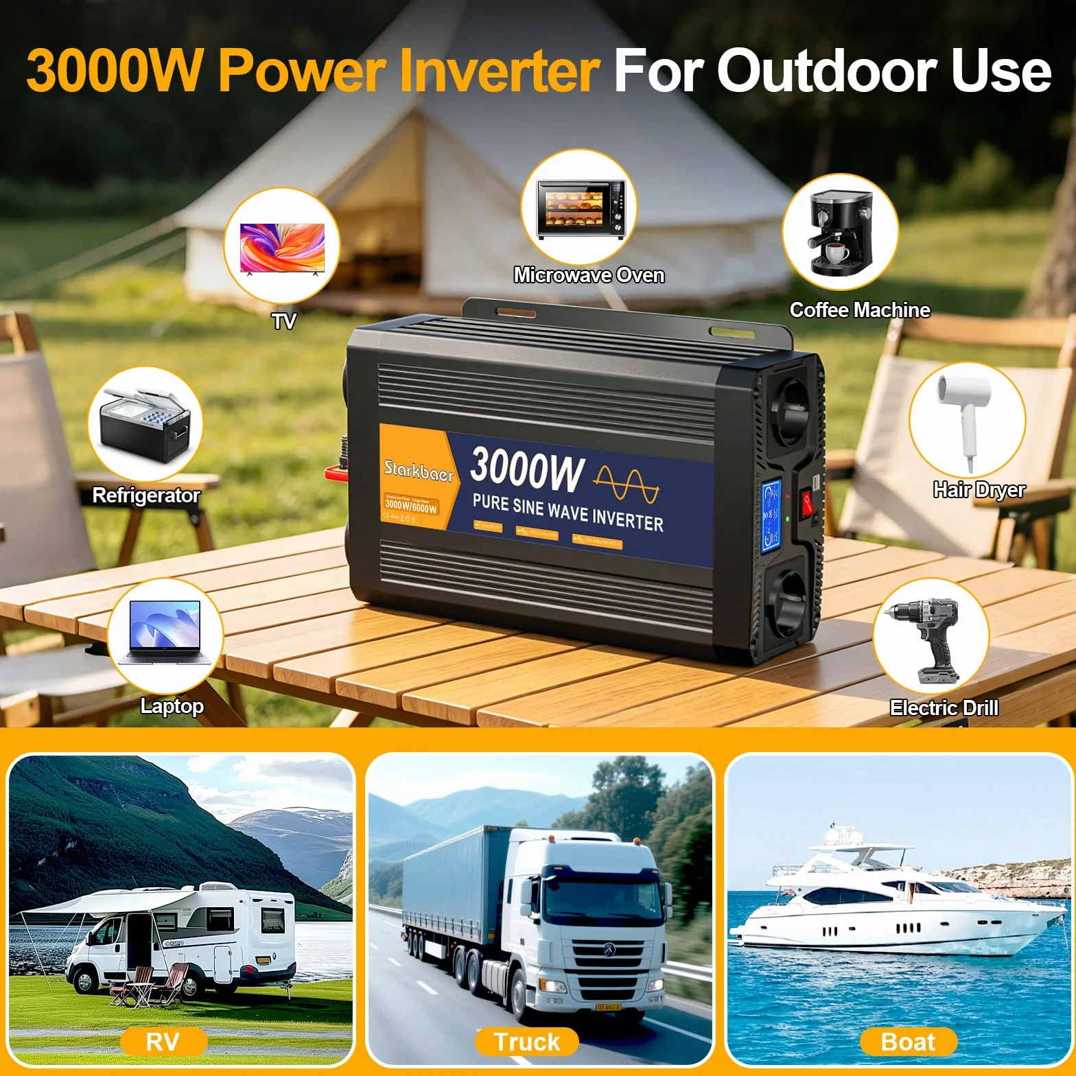 3000W/6000W Inverter 24V 220V Onda Pura, Trasformatore 220V 24V, Convertitore per Auto, Con schermo LCD, telecomando, presa CA e USB-C. Per camper, auto, solare, campeggio e blackout [Classe A+]