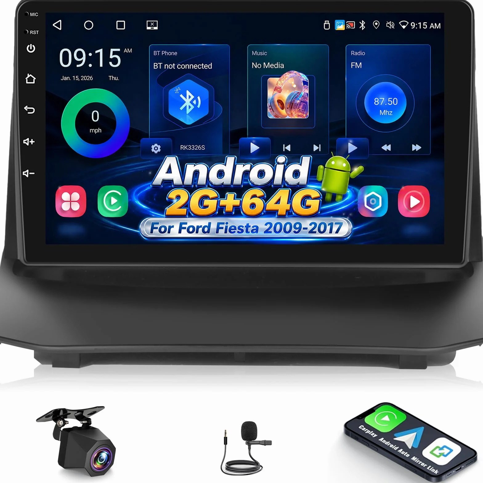 NHOPEEW Autoradio Android 2+64G per Ford Fiesta 2009-2017 con supporto per CarPlay wireless e Android Auto Mirror Link navigazione GPS comandi al volante 40 temi dell'interfaccia utente e video online