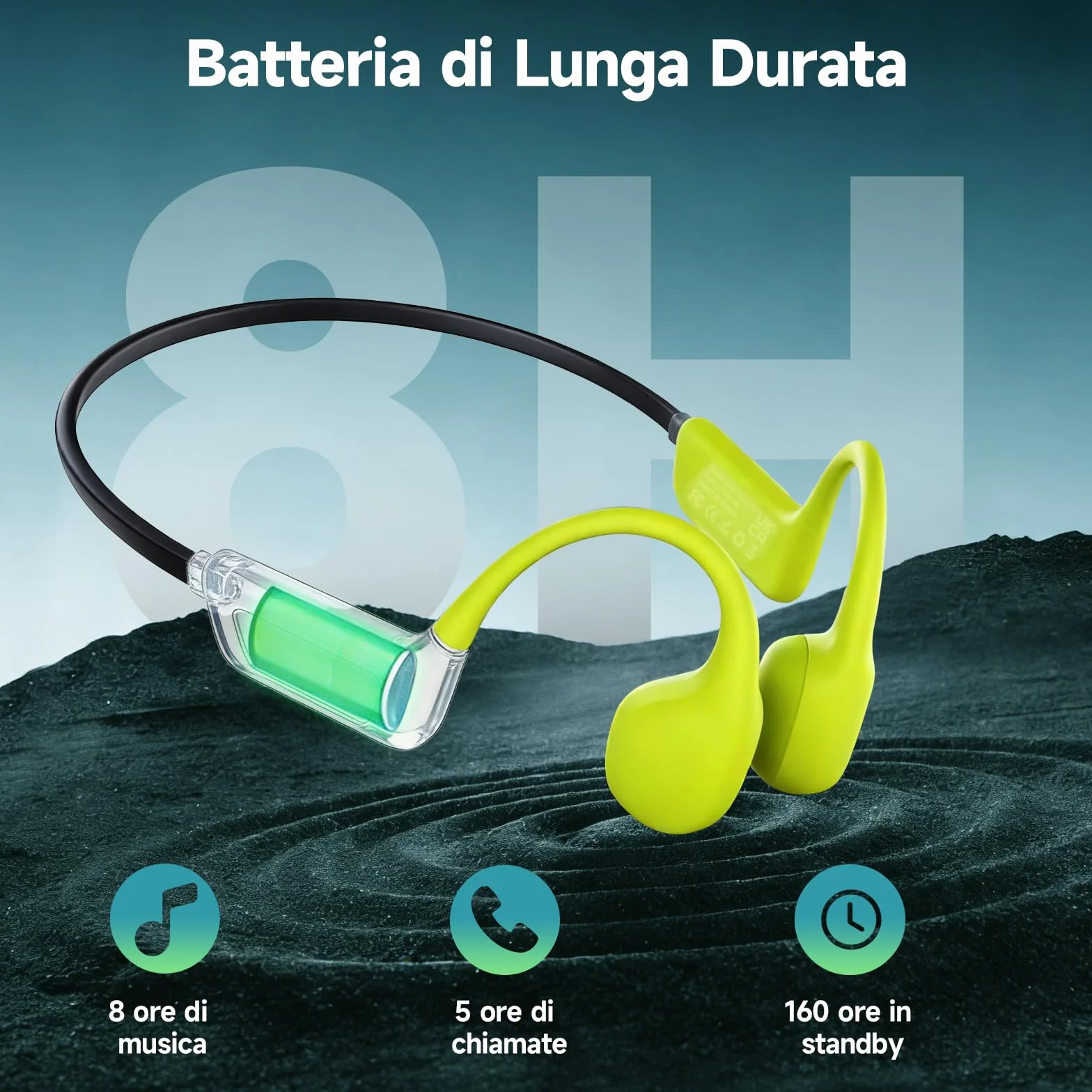 Cuffie a conduzione ossea per nuoto, Cuffie wireless impermeabili IPX8, Cuffie sportive aperte Bluetooth 5.4, Lettore MP3 integrato da 8GB, Adatte per palestra, ciclismo, Verde