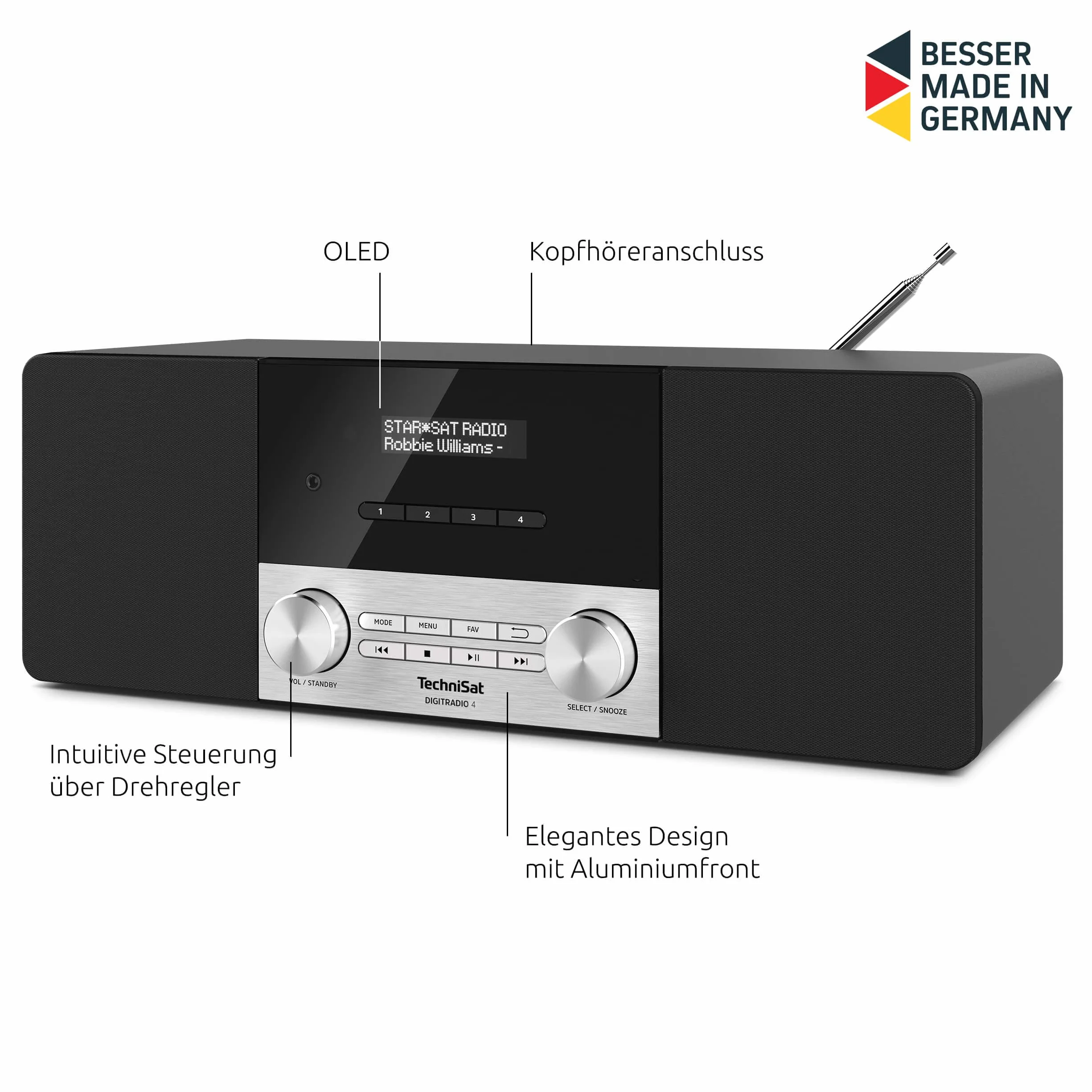 TechniSat DIGITRADIO 4 - Radio Stereo DAB (DAB+, FM, streaming audio Bluetooth (ricezione), connessione cuffie, ingresso AUX, sveglia radio, display OLED, 20 Watt RMS, altoparlanti Elac) nero
