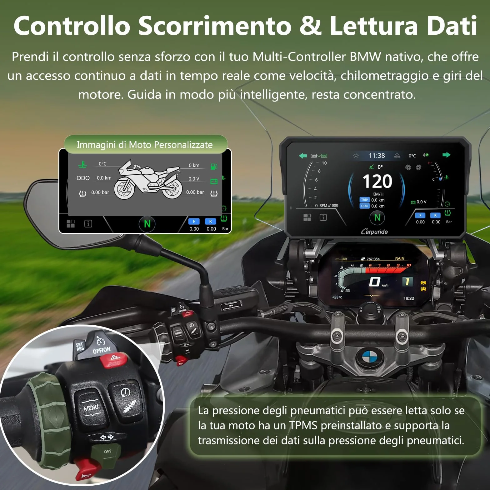 Carpuride W602BS Pro Carplay Schermo per BMW Moto, Nativo Wonder Wheel Controllo e Lettura Dati, Senza Fili CarPlay e Android Auto, 6,25" Impermeabile Touchscreen, OTA, Doppio Bluetooth, Interfono.