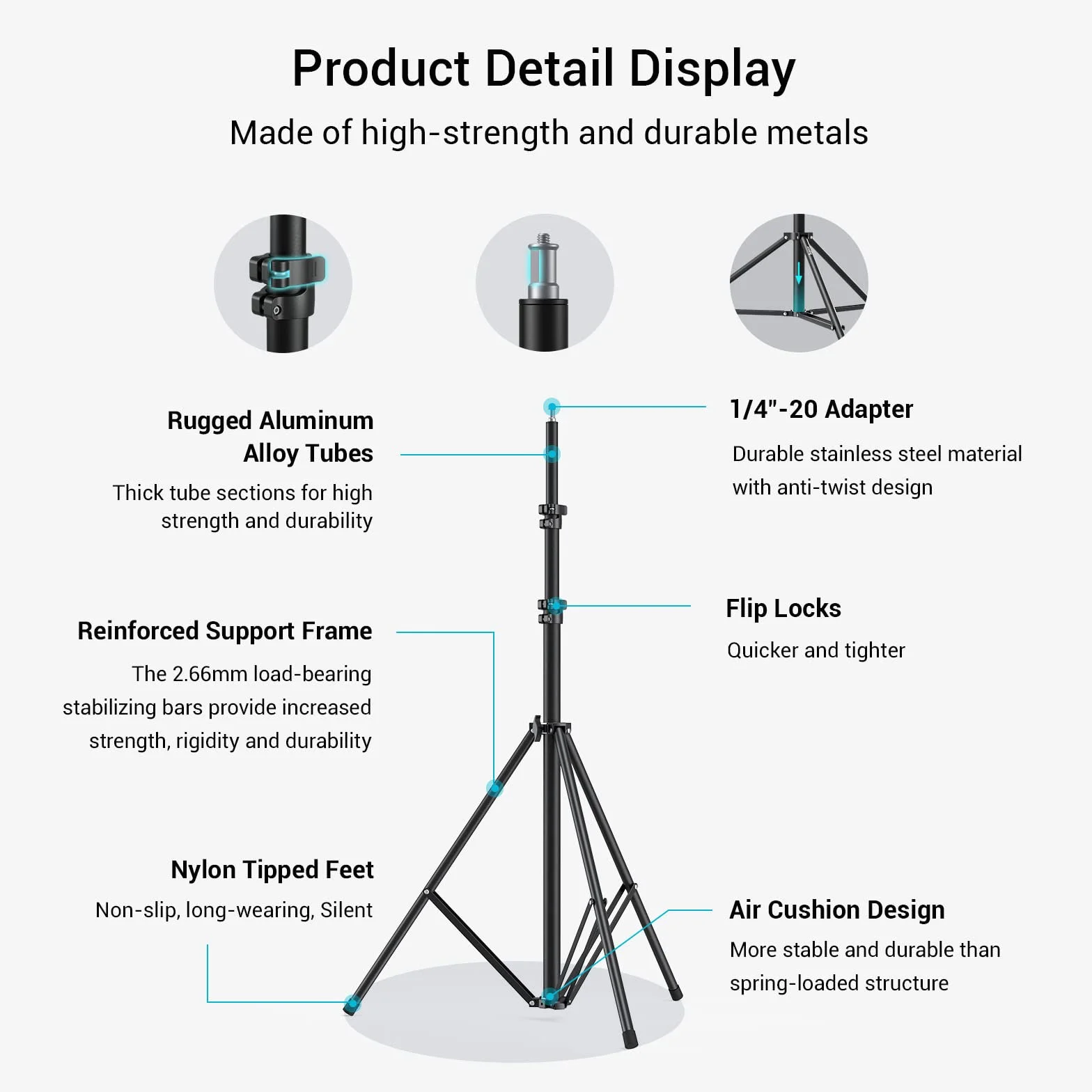 SMALLRIG Supporto per Luce Fotografica 110"/280cm, Supporto per Treppiede in Alluminio Ammortizzato ad Aria con Vite da 1/4 per Softbox, Luce da Atudio e Riflettore, Carico Massimo 8kg, RA-S280-3736