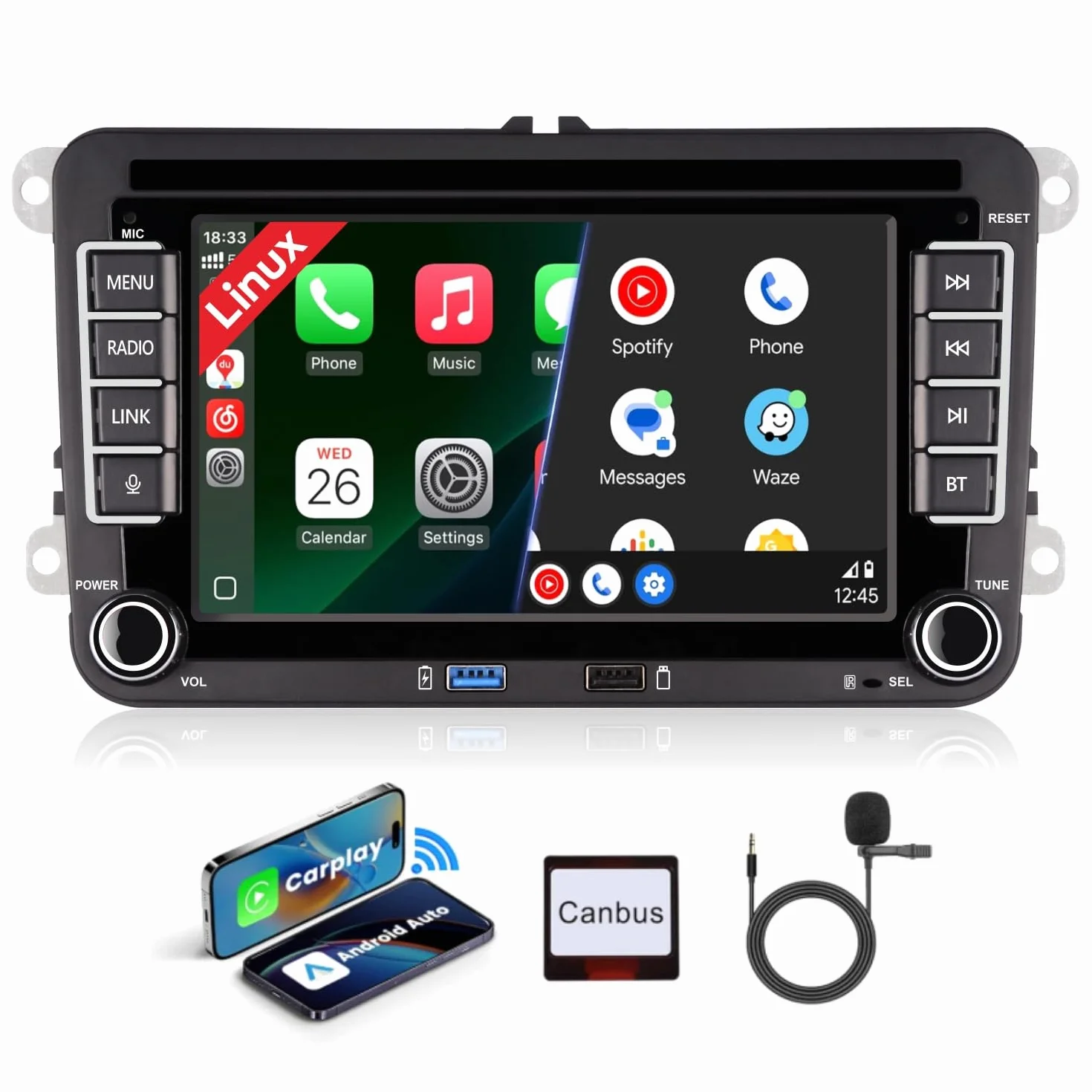 Linux Bluetooth Car Radio for Golf 5 6 VW Polo T5 Seat with Navigation WLAN FM/AM/DSP/Mirror Link, Apple Carplay, Android Car, Steering Wheel Ctrl, 2Din Dab Car Radio Touch Screen