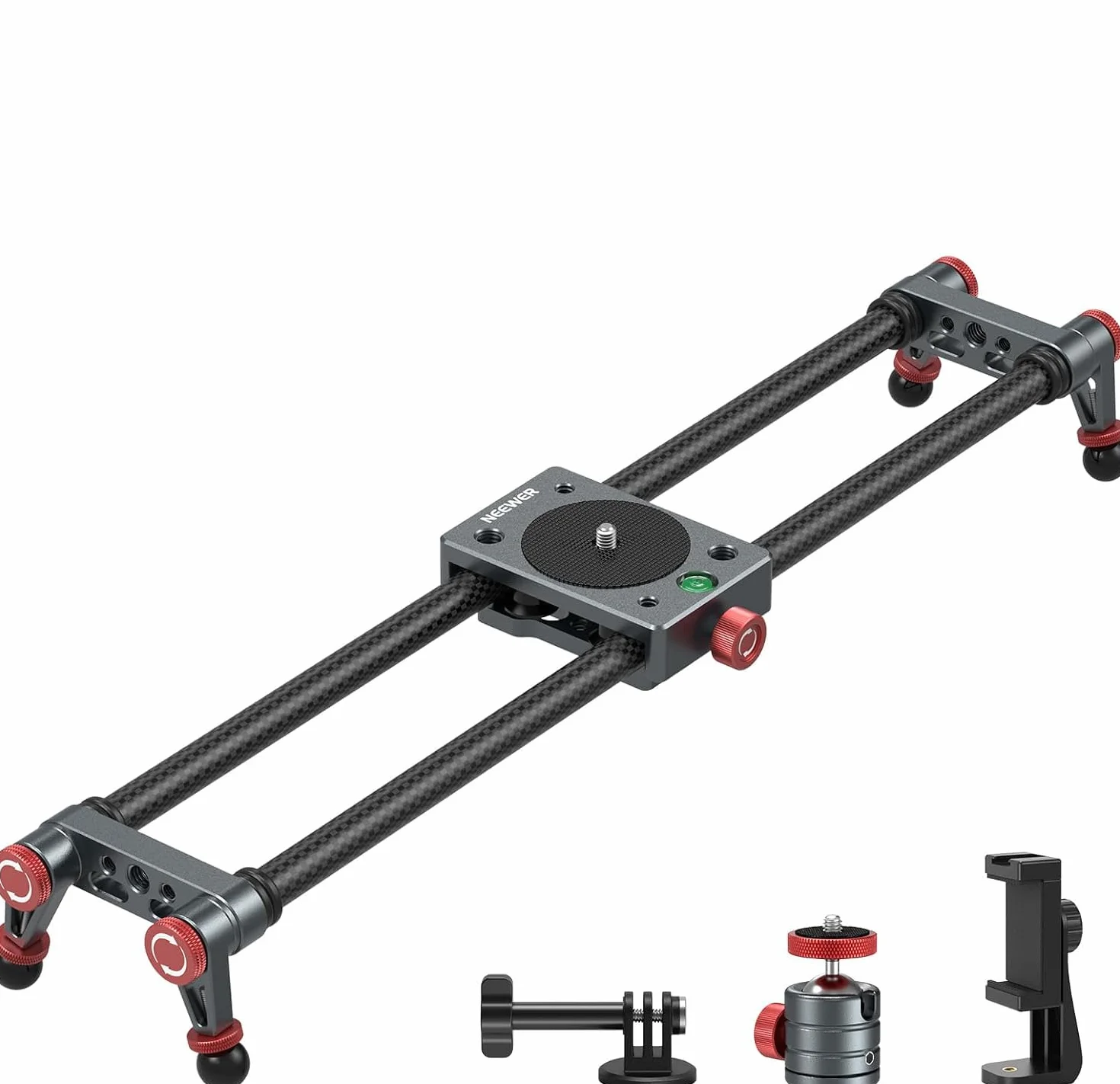NEEWER 40cm Slider Fotocamera in Fibra Carbonio+Testa Sfera 360°/Phone Clamp/Supporto Action Cam, Carrello Dolly con 4 Cuscinetti e Gambe Regolabili, Compatibile con GoPro Insta360 iPhone Android,CS1M