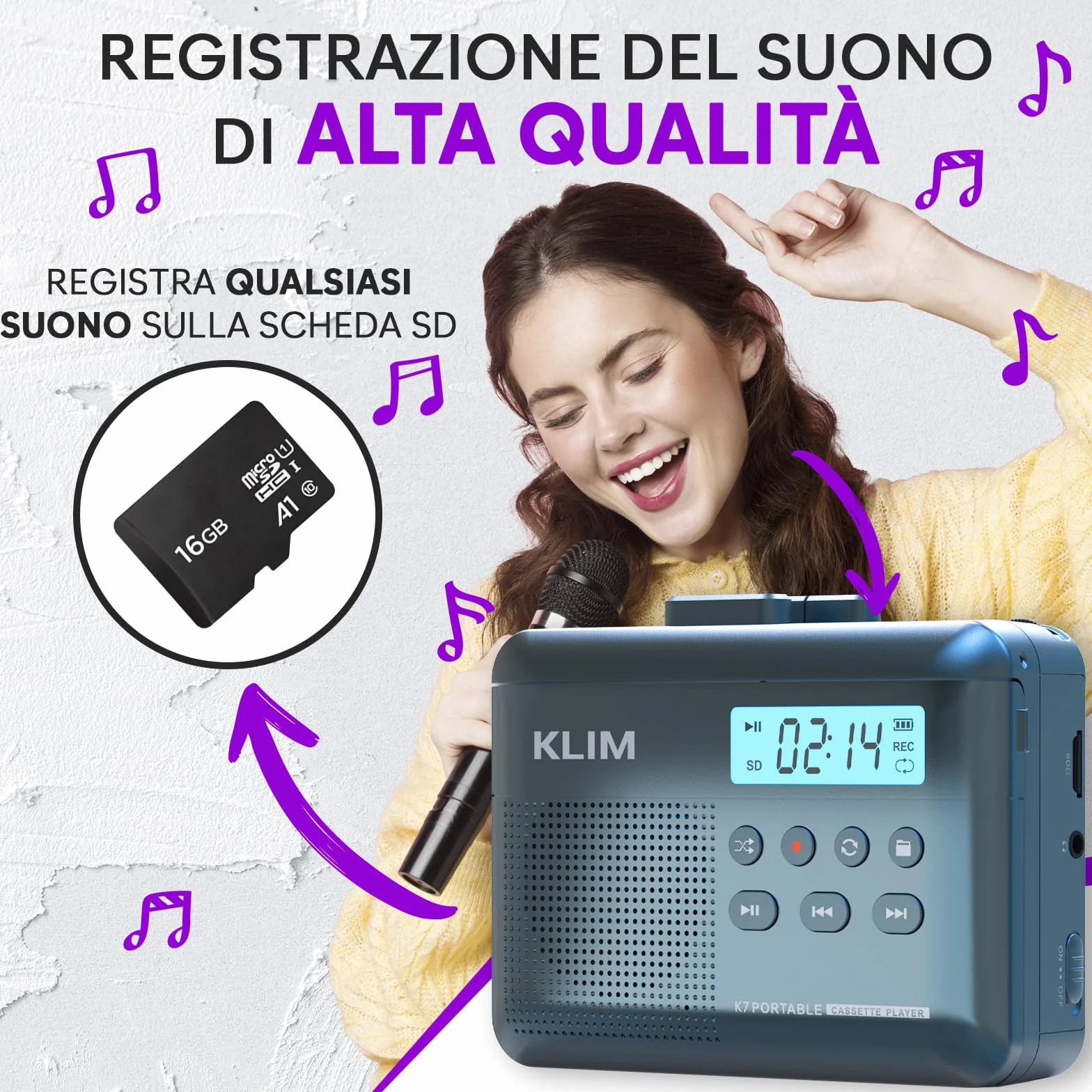K7 Cassette Player - Convertitore Cassette MP3 - Lettore Cassette Audio Portatile - Microfono e Altoparlante Incorporati - Batteria Ricaricabile - Auricolari - Scheda SD da 16 GB - Blu