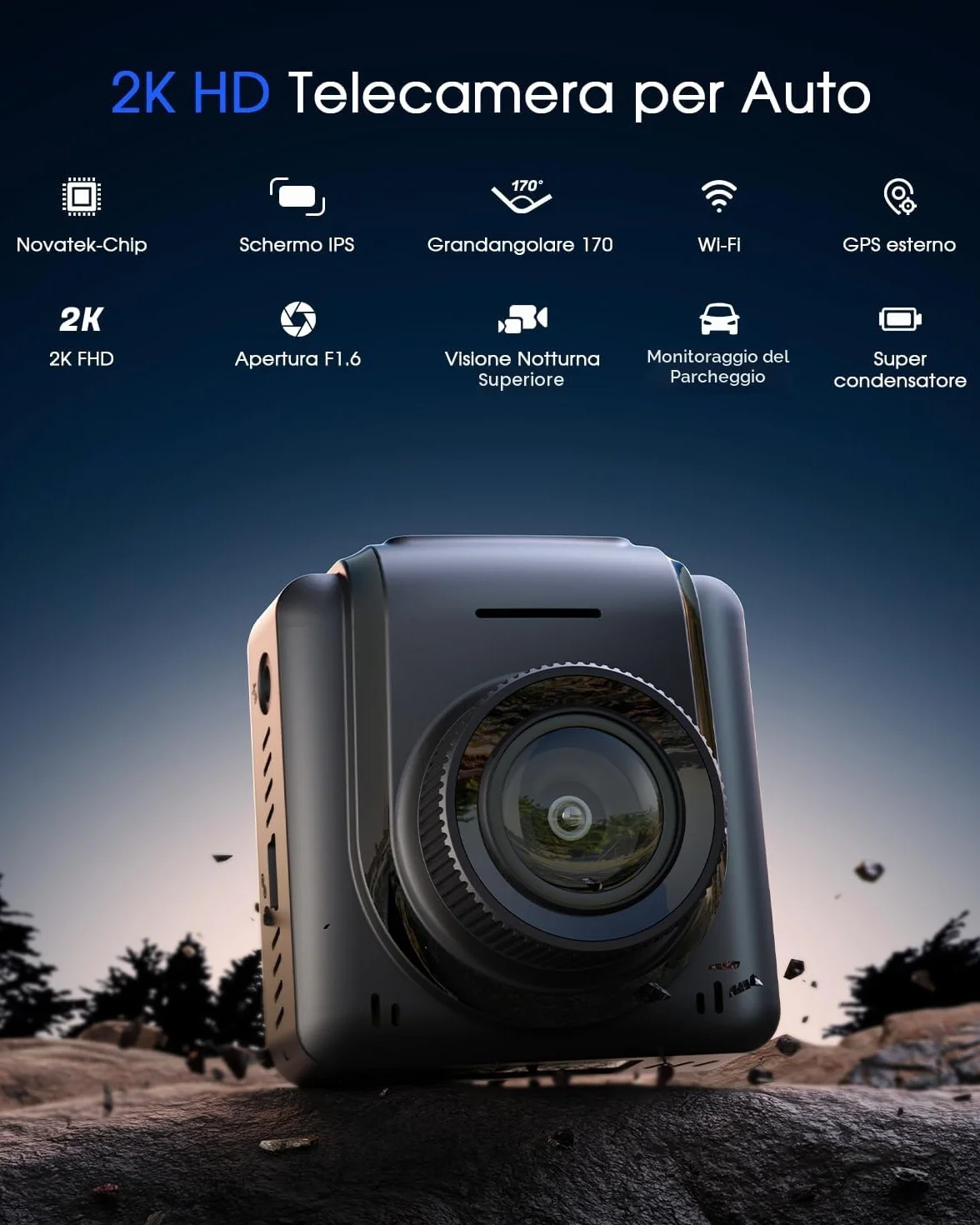 Avylet 2K Dash Cam Auto Wi-Fi, 1440P Mini Dashcam IPS 1.5'', Telecamera per Auto con APP, GPS Esterno, WDR Visione Notturna,Grandangolo 170°, 24H Monitor di Parcheggio, G-Sensor, Registrazione in Loop
