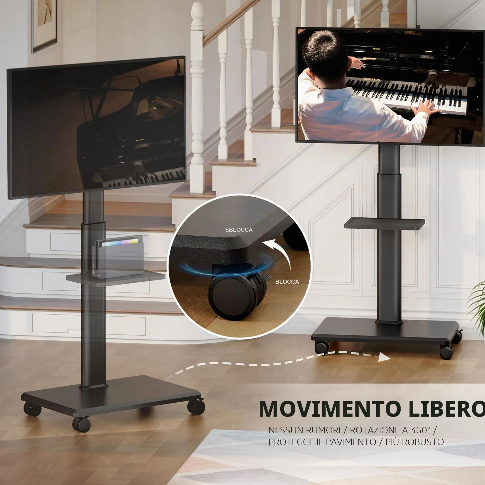 AX WABER Supporto TV da Pavimento Mobile con Ruote per TV 27-65 Pollici VESA 400x400 40 kg