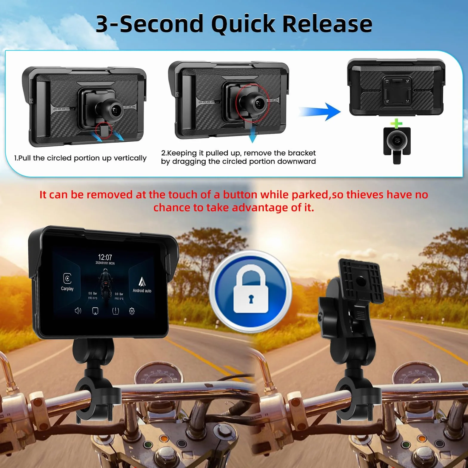 Schermo Carplay Portatile per Moto, Carplay Wireless e Android Auto per Moto, Schermo Touchscreen Impermeabile IP68 da 5 Pollici per Moto, Supporto GPS, Mirror Link, Bluetooth, Porta TF