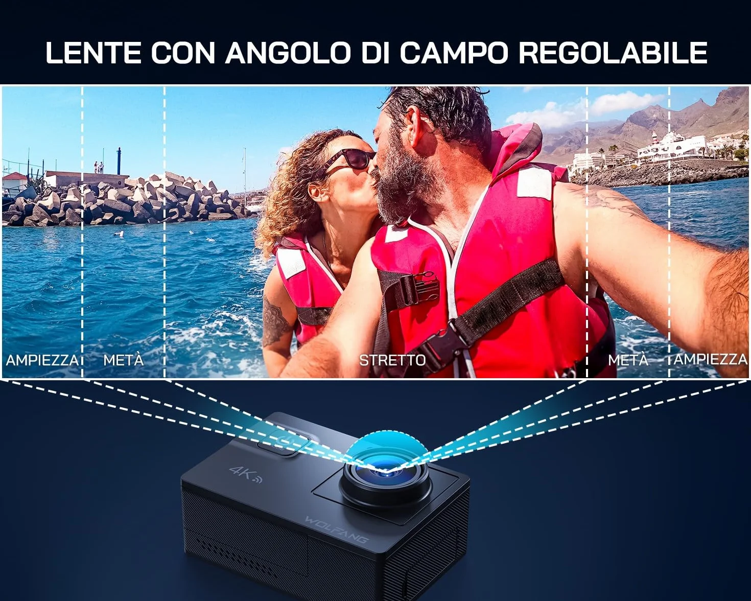 WOLFANG Action Cam GA300 4K 60FPS, 20MP WiFi EIS Action Camera con schermo tattile, 8X Zoom Fotocamera Impermeabile 40M Subacquea Videocamera, Mic Esterno, Telecomando 2x1350mAh Batterie e Accessori