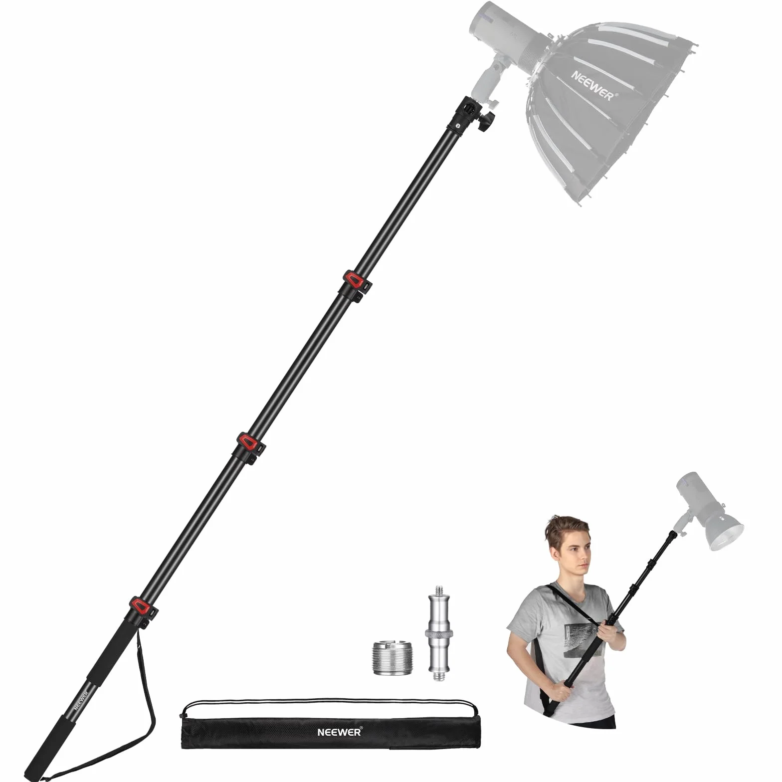 NEEWER 230cm Supporto per Luce in Mano Telescopico con Viti 1/4" 3/8" 5/8"/Chiusura Facile/Tracolla/Fascette per Cavi/Borsa, Portatile Braccio per Microfono,Faretto fotografico,Luce Video, MS-230C