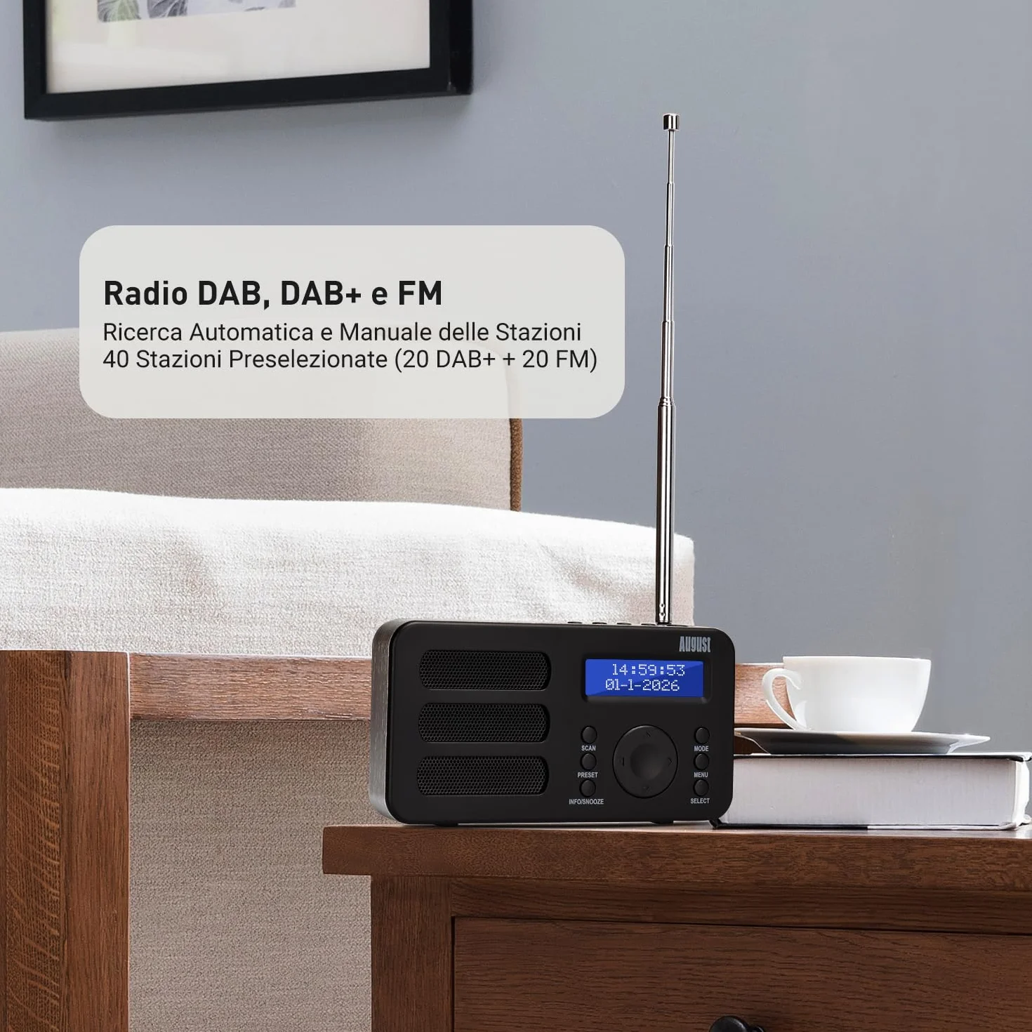 August MB225 Radio Portatile DAB DAB+ FM, Radio Digitale a Batteria con Dual Radiosveglia, Radiolina Portatile Ricaricabile con 40 Preselezioni, RDS, 20 Ore, Stereo/Mono, Presa per Cuffie - Nero