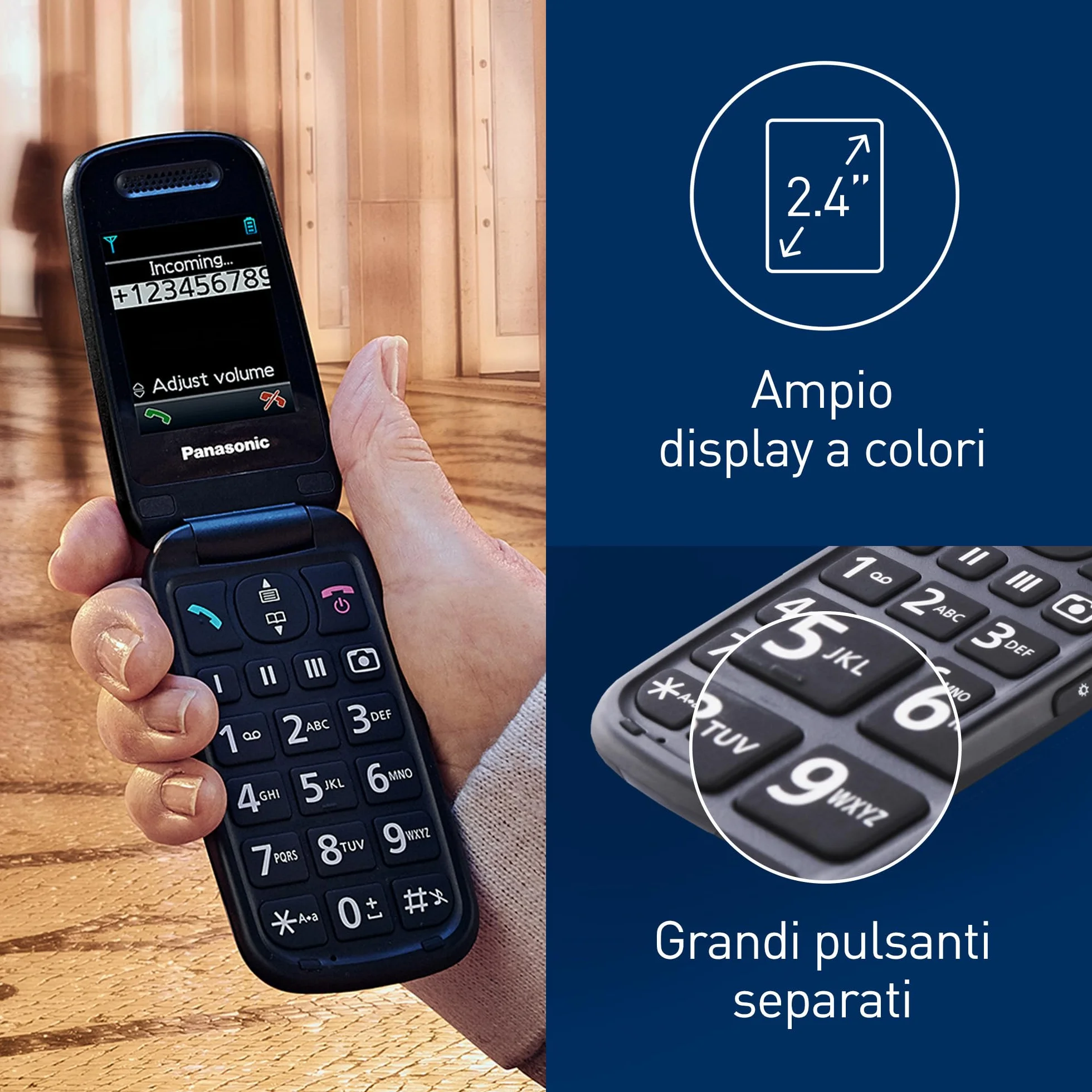 Panasonic KX-TU446EXB Telefono Cellulare Facile, Compatibile con Apparecchi Acustici, Ottimale per Anziani, Pulsanti Retroilluminati, 600 Ore di Autonomia, Ampio Display, Chiamata di Emergenza, Nero