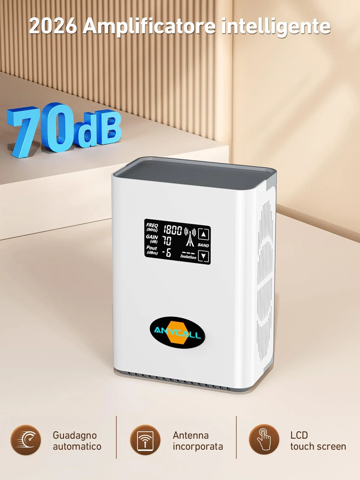 Amplificatore Segnale Cellulare 5G 4G LTE 3G GSM Ripetitore per Casa sulla Banda 3, 7, 8 e 20 per TIM Wind Tre Iliad e altro con Schermo Intelligente