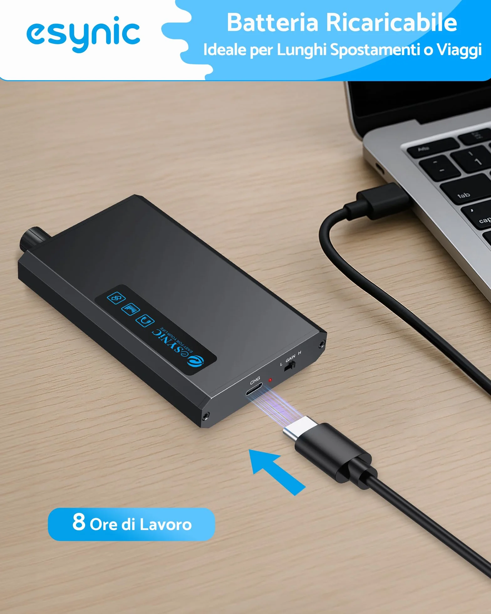 eSynic HiFi Amplificatore per Cuffie con Ricevitore Bluetooth 5.1, Impedenza 16-300Ω, 2 Livelli di Guadagno, Batteria Ricaricabile 1500mAh con Cavo USB-C e Cavo Audio, in Alluminio per MP3 Smartphone