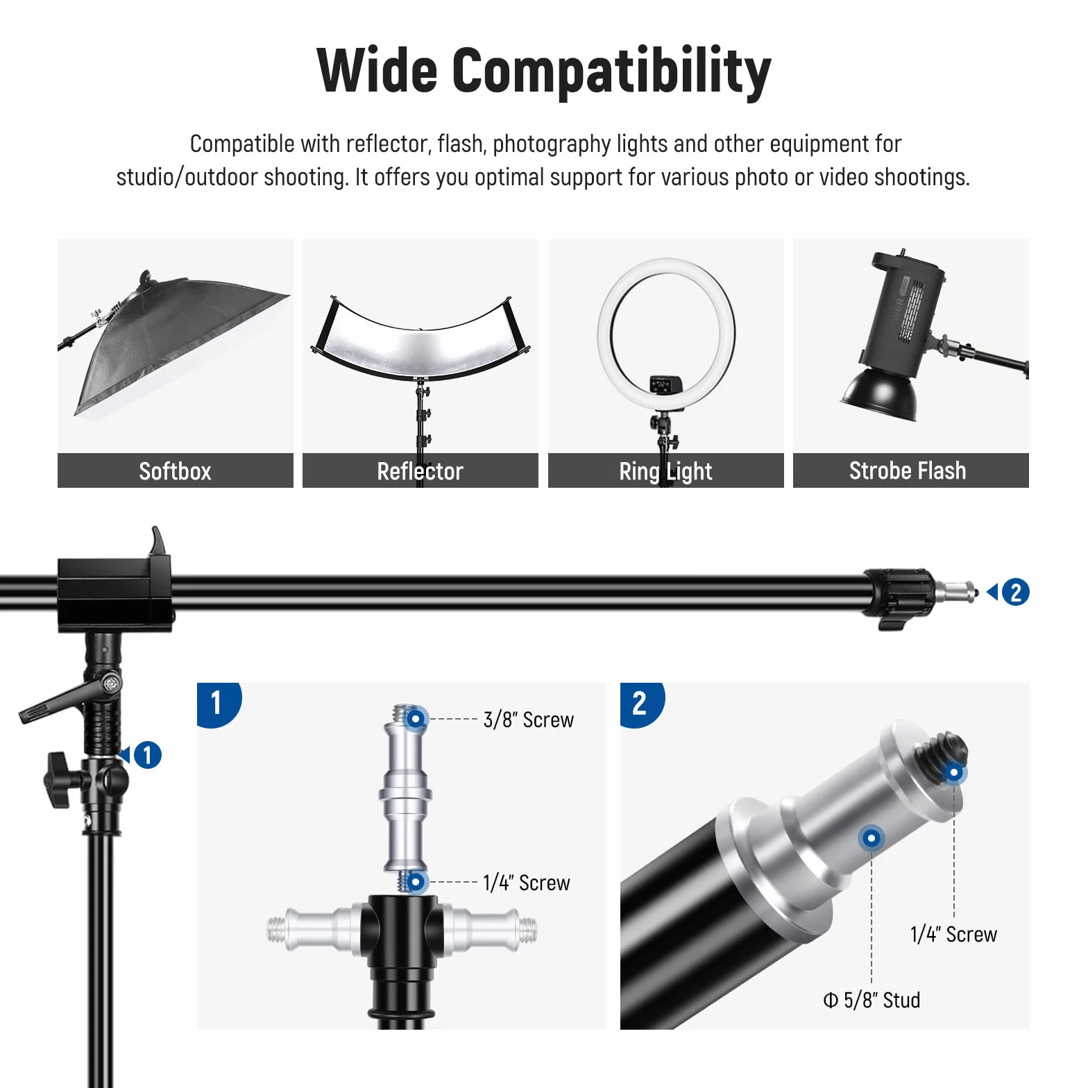 NEEWER Supporto per Luci in Alluminio, Supporto Fotografico Regolabile 9,8 Piedi/3 Metri, Braccio a Braccio, Contrappeso, ecc, Vite 1/4" per Softbox, Luce Studio, Flash, Ombrello, Max:5kg