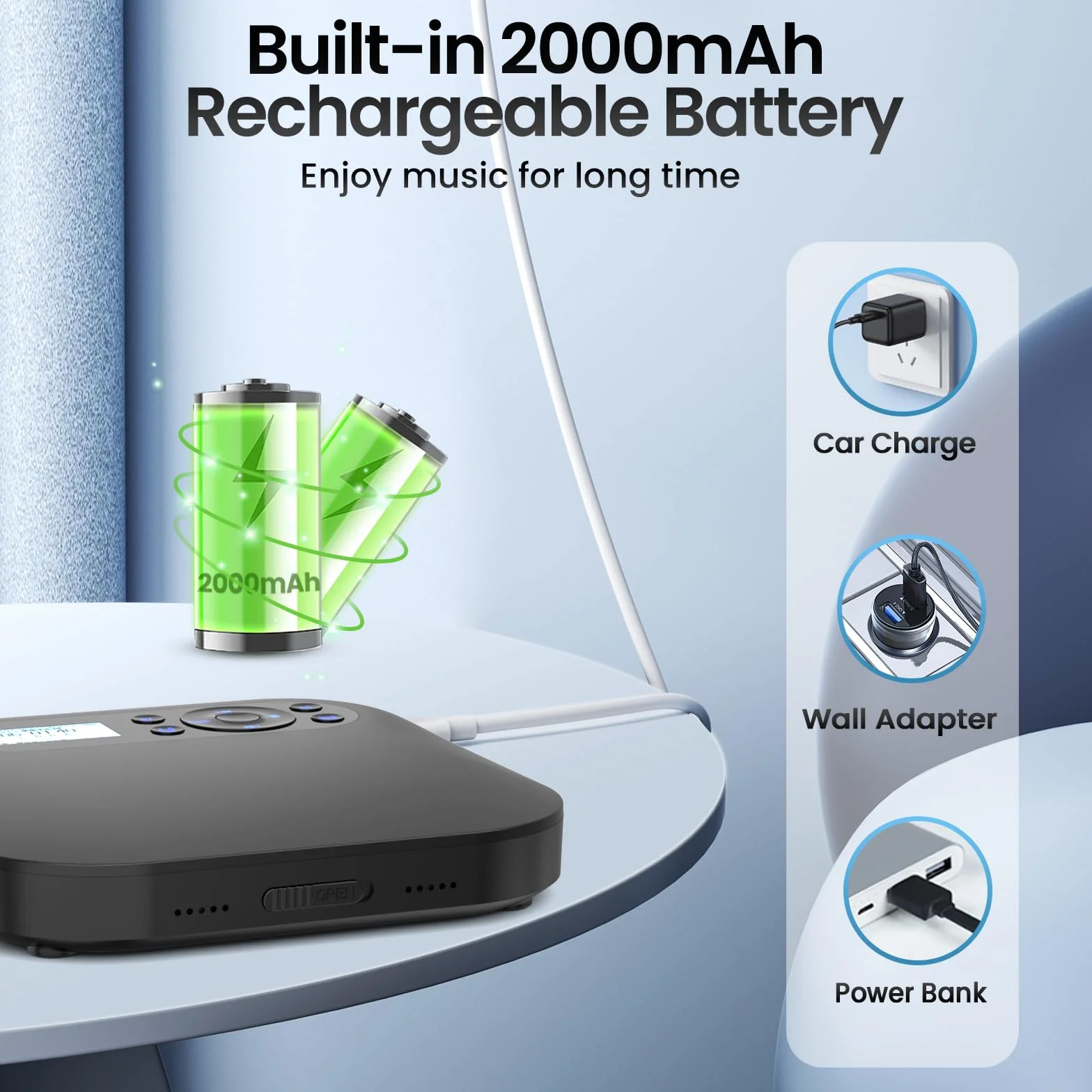 Lettore CD portatile con Bluetooth, NUOVO Lettore CD Discman ricaricabile per auto con FM, Due altoparlanti stereo, Anti-Skip, Due connettori per cuffie, Per regalo