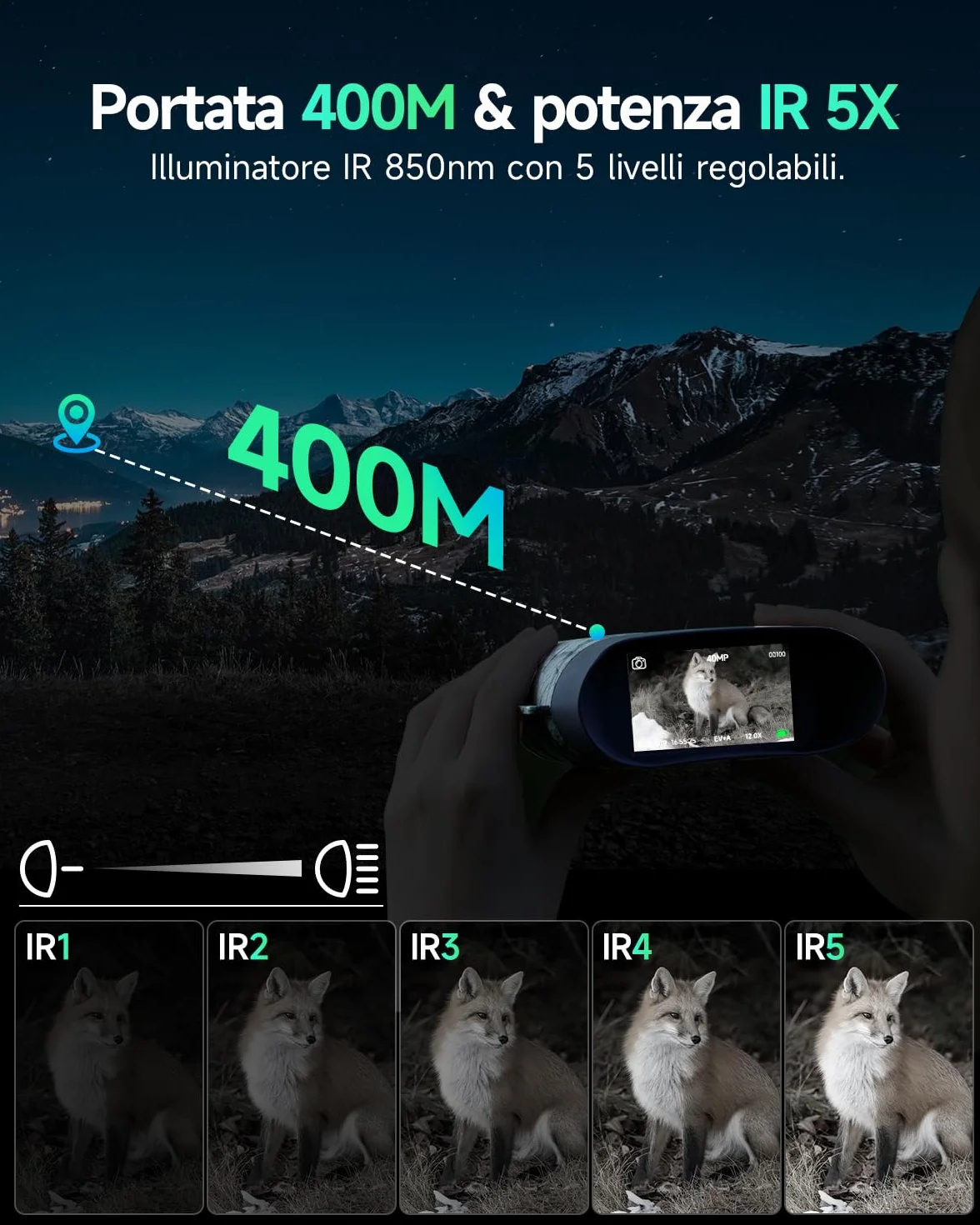 Rollei NightVision 400 4K, binocolo da 40 MP, con visione notturna, militare, zoom digitale, 32 GB, scheda SD, 400 m, fotocamera a infrarossi con torcia da 5000 mAh, visione notturna, binocolo per