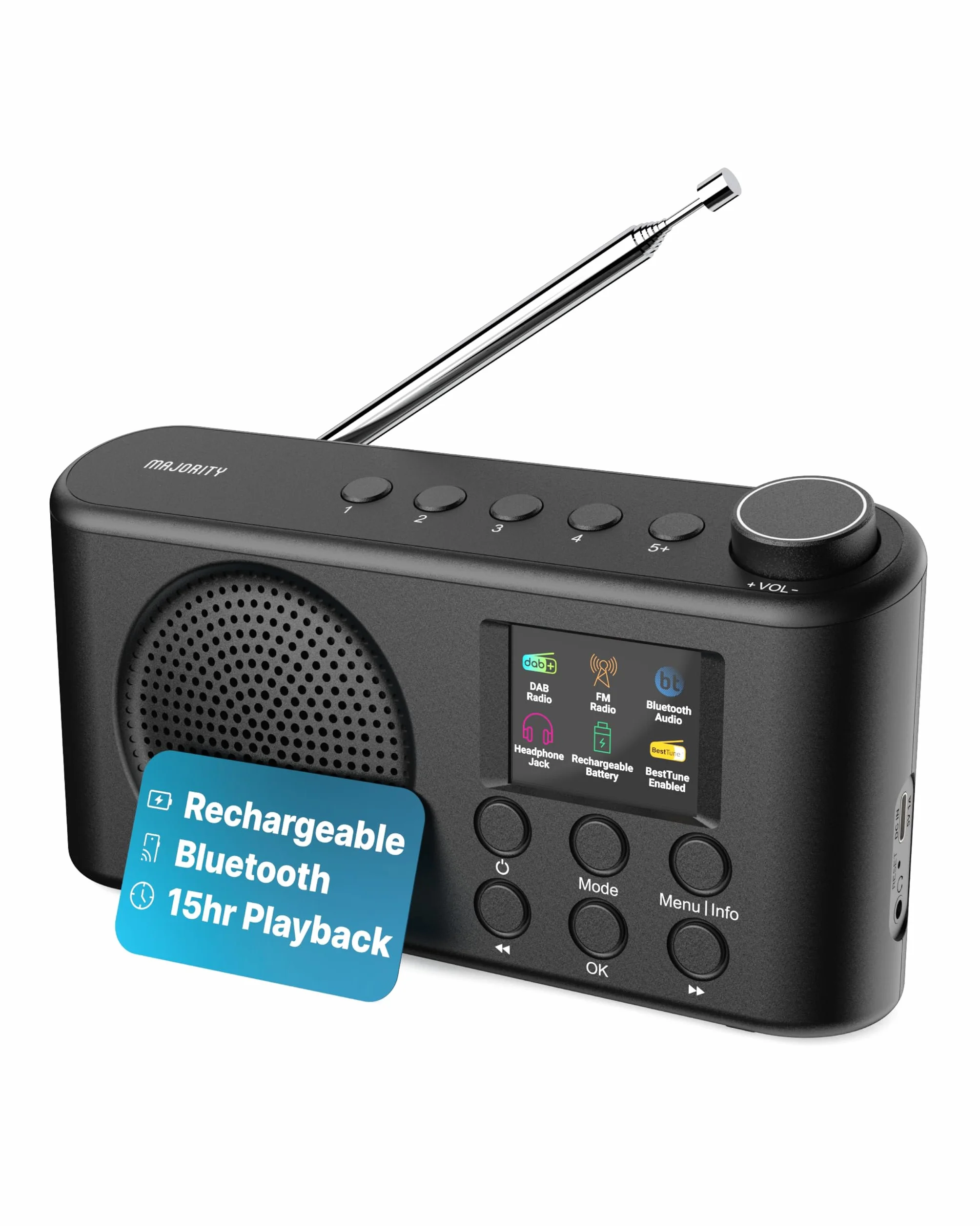 Majority Orwell Pro DAB/DAB+ Radio Portatile | Bluetooth FM, 40 Preset, 4 Pulsanti Rapidi, 15 Ore Batteria Ricaricabile USB-C, Minuterie Sonno, EQ 7 Presets, Schermo LCD | Radio Dab Casa, Viaggio