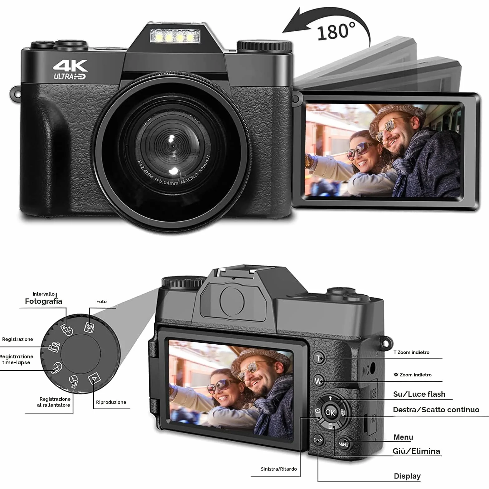 CCN Fotocamera Digitale 4K 48MP, Fotocamera con schermo 3.0" ribaltabile a 180°, fotocamera compatta con zoom digitale 16X, obiettivo grandangolare e obiettivo macro, scheda TF da 64GB, WiFi, nero