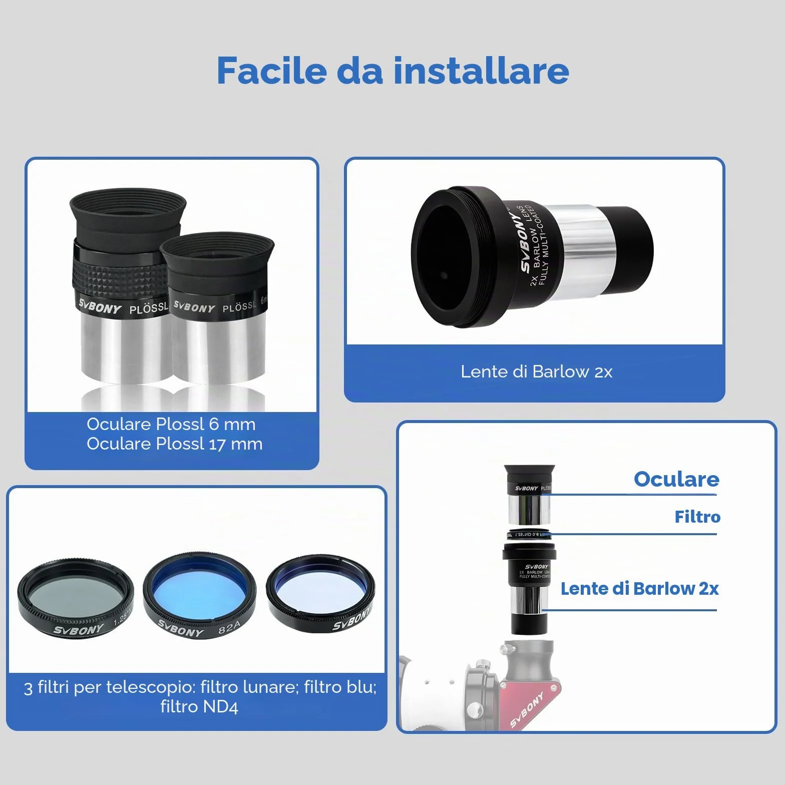 Svbony SV233 Oculare Telescopio Astronomico Kit, Oculare PLOSSL da 6 mm, 17 mm, 2 Lenti di Barlow, Filtro Lunare, Filtro ND4, Filtro Colorato 82A, con Borsa Portatile, per Pianeti Visivi Astronomici