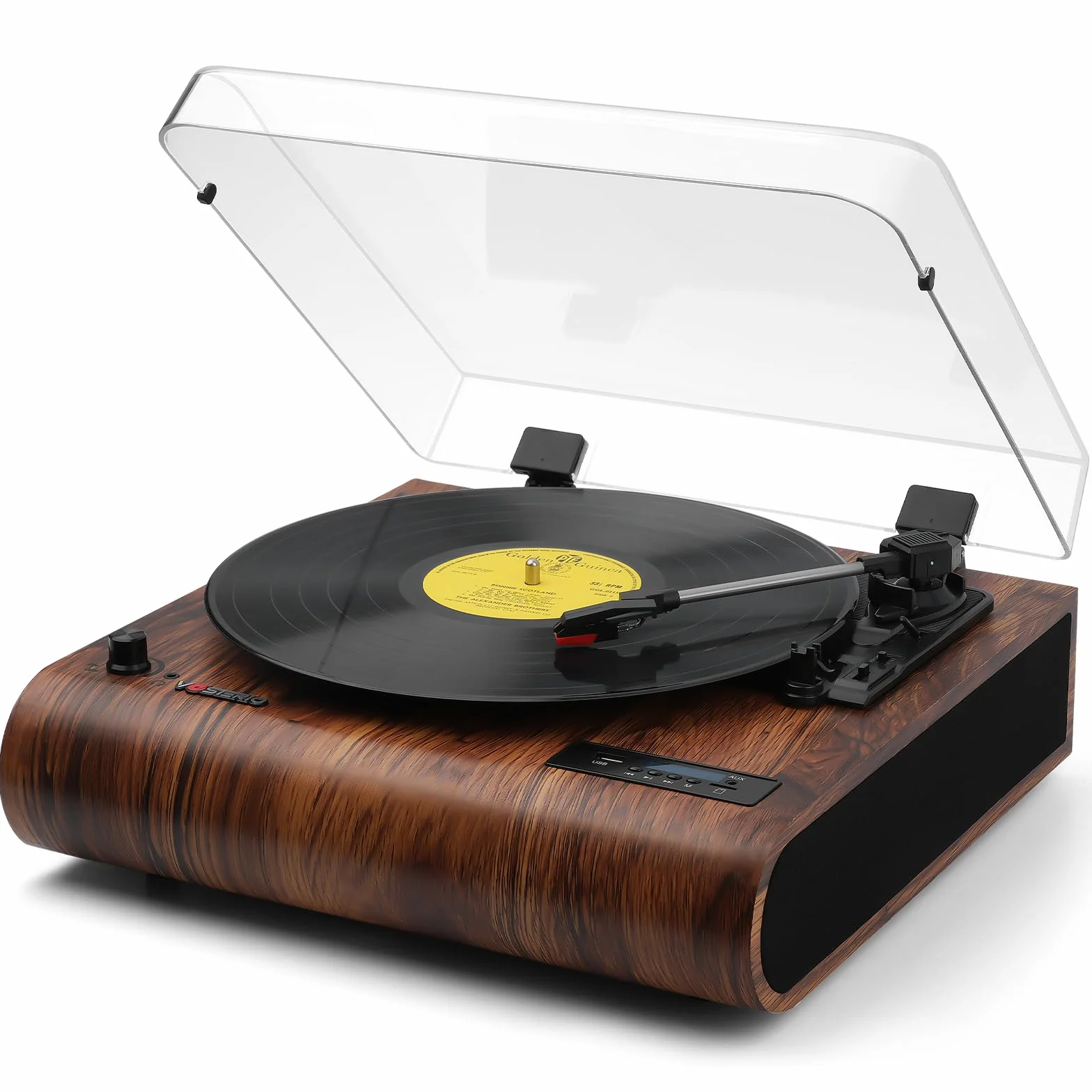 Vosterio Vinile Giradischi Bluetooth Portatile a Tre Velocità,Vintage con Altoparlanti Stereo Integrati, con Uscite RCA, Presa Cuffie, Radio FM, USB, Aux-in e display a LED
