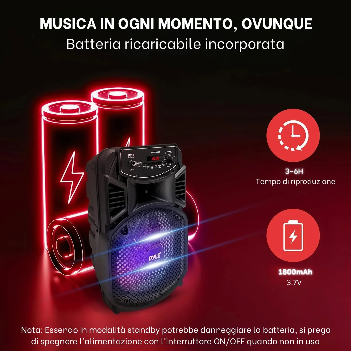 Pyle Speaker Bluetooth Portatile,Ricaricabile da 300W con Subwoofer da 20,32 cm e Tweeter da 2,54 cm, Ingresso Microfono, MP3/USB, Radio, Telecomando