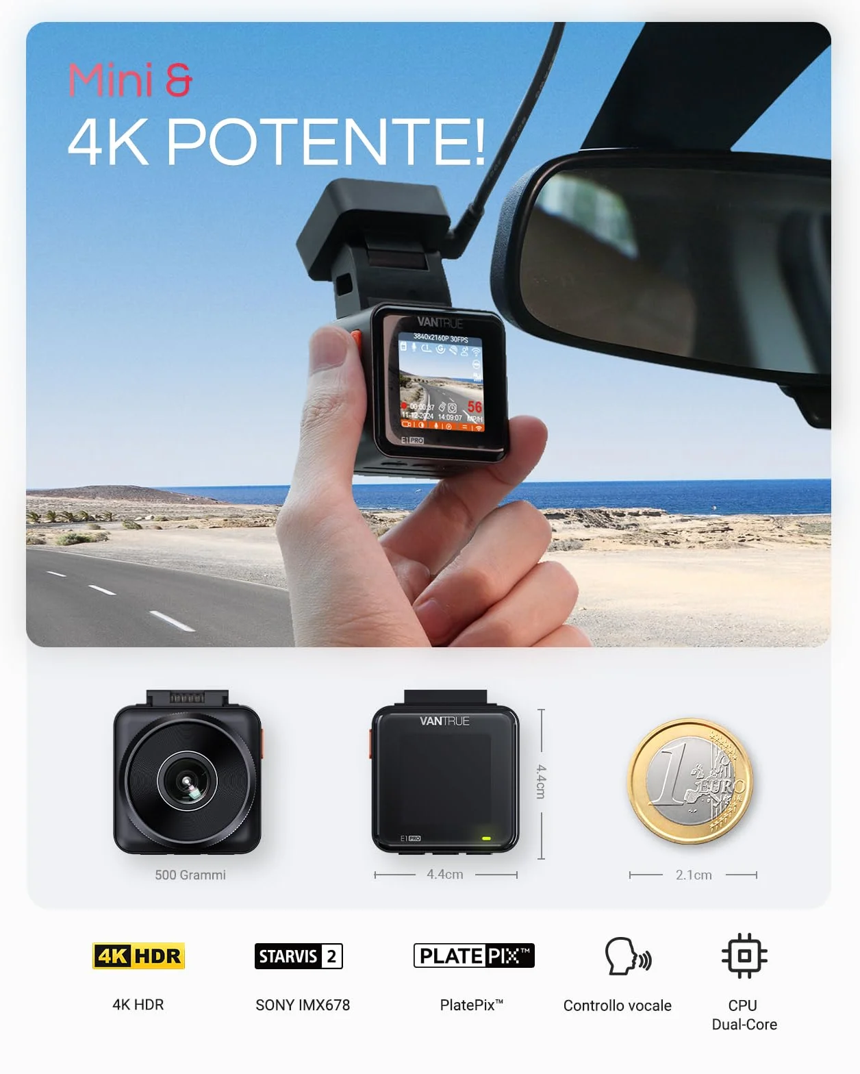 VANTRUE 4K HDR Dash Cam Auto E1 Pro 2160P Mini Dashcam, 5GHz WiFi GPS, STARVIS 2, CPL, Comandi Vocali e APP, Parcheggio 24/7 Telecamera auto, Visione Notturna 2.0, LTE Remoto Opzionale, 1.54”, Max 1TB