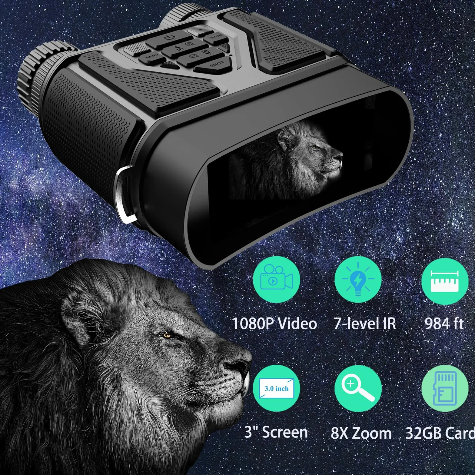 Binocolo Visione Notturna, 32 GB Scheda di Memoria Visore Notturno 3" TFT 8X Digitale Zoom 7-LIVELLI Infrarossi Vista 300M al 100% Buio per la Caccia Osservazione Uccelli e Campeggio