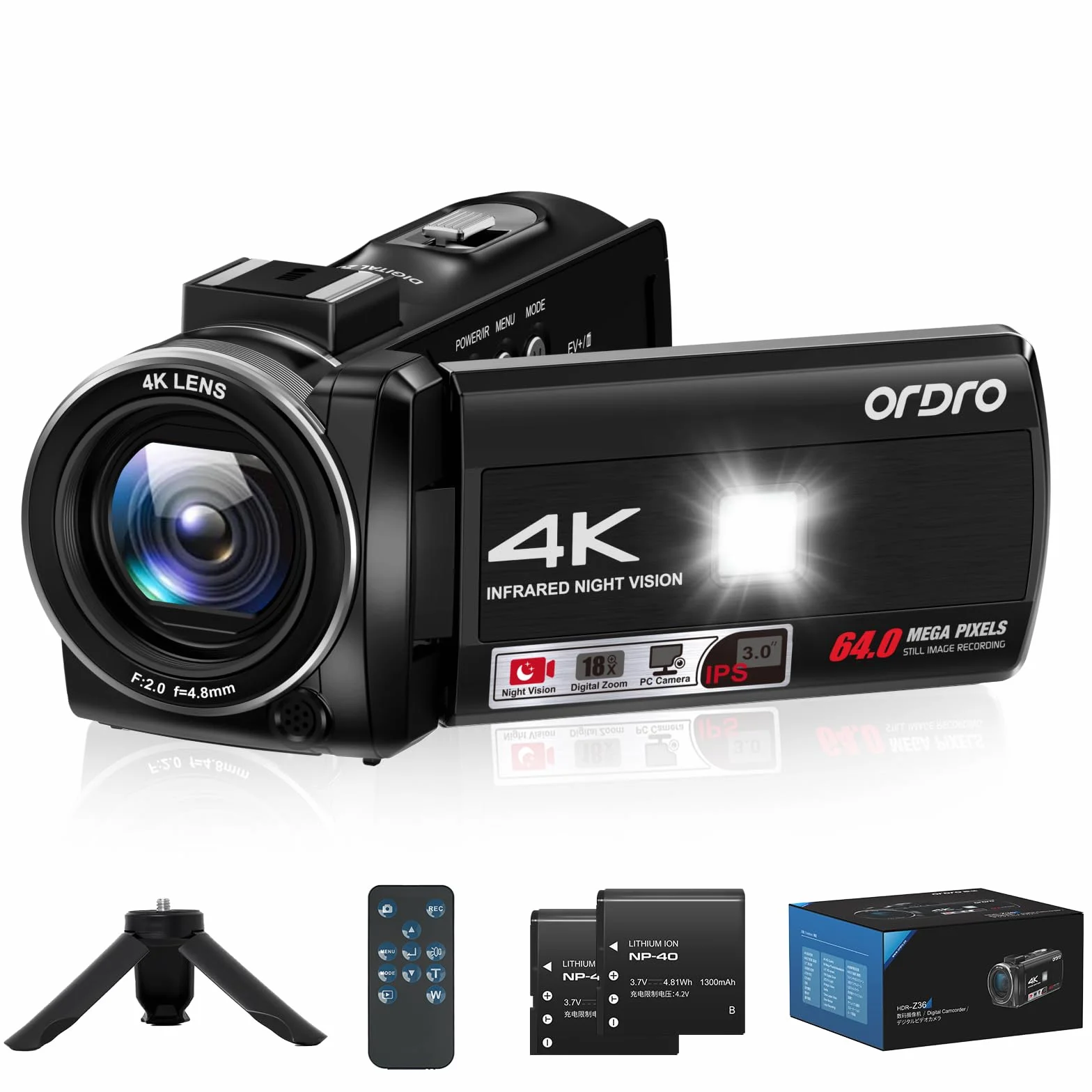 ORDRO Videocamera 4K, Camcorder 64MP 18x Zoom Digitale, Visione Notturna IR, Luce di Bilanciamento, Schermo Rotante 3.0" 270°, Videocamera per Vlog YouTube con Treppiede e 2 Batterie