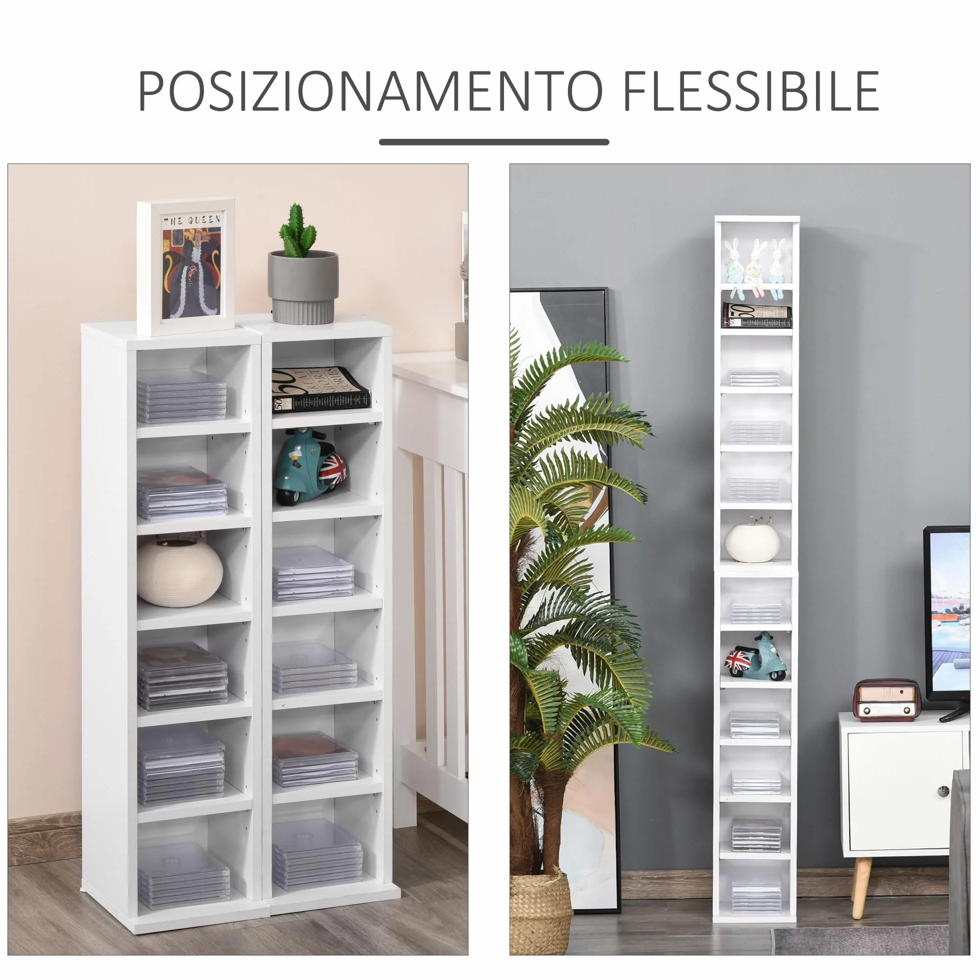 HOMCOM Set 2 Pezzi Scaffali a Colonna Porta CD e DVD a 12 Ripiani Regolabili per 204 CD, Mobile Libreria Alto Salvaspazio in Legno per Camera, Soggiorno e Ufficio, 21x22.5x88.5 cm, Bianco