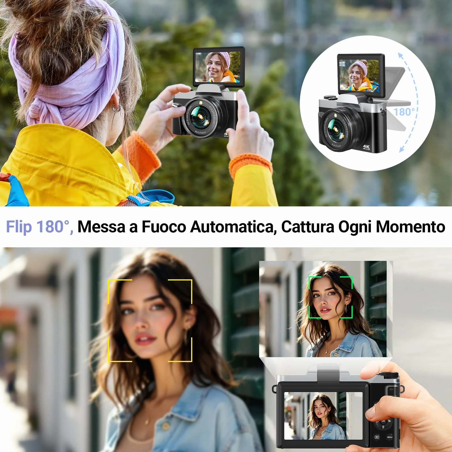 Fotocamera Digitale WiFi 4K 64MP Macchina Fotografica Digitale Compatta con Schermo Ribaltabile 3” 180°, Autofocus, Zoom Digitale 16X, Flash, 2 Batterie e Scheda 32GB per Vlogging e Fotografia