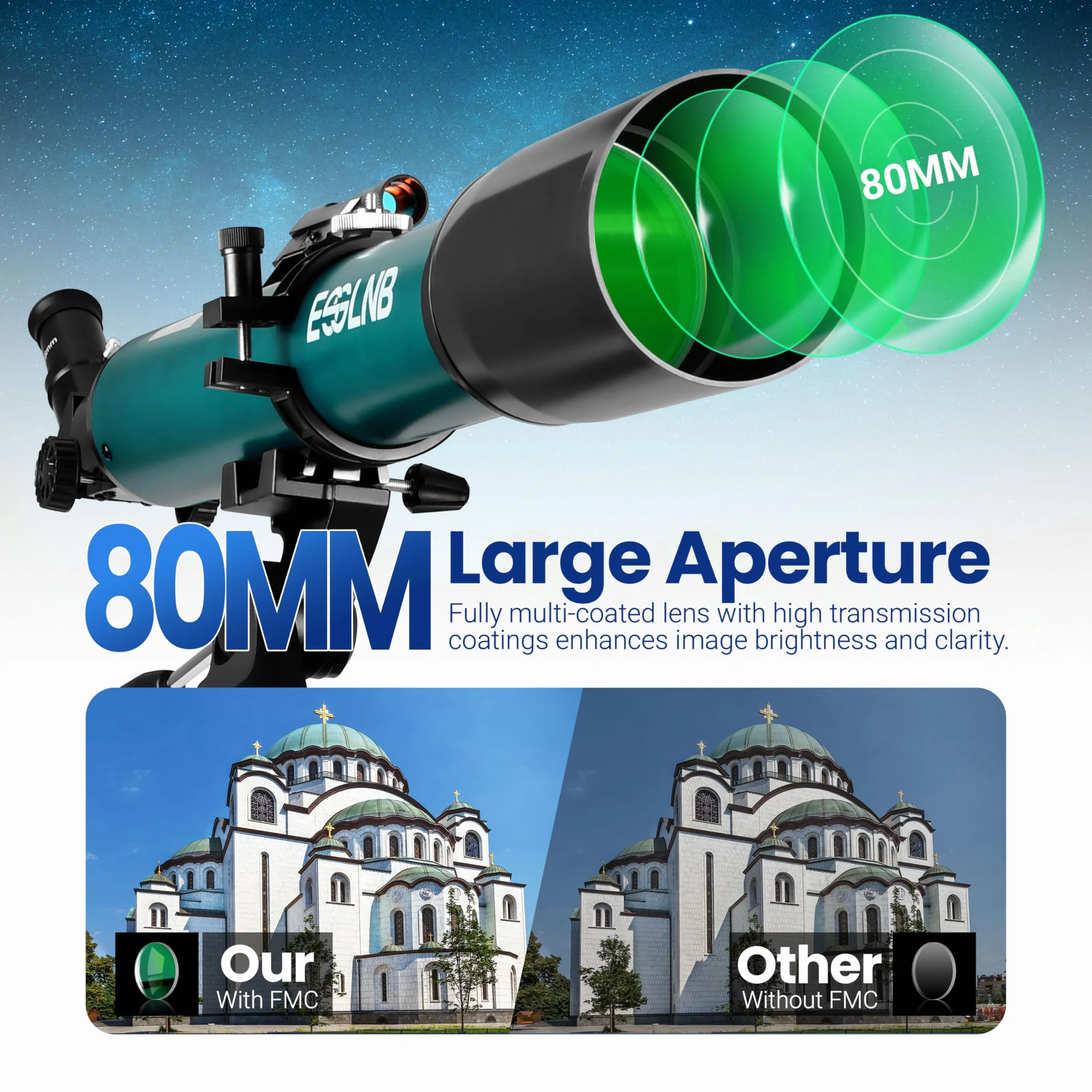 ESSLNB Telescopio 70080 Telescopio per Astronomia per Adulti con APP Stargazing Adattatore per Smartphone, Treppiede Regolabile, Mirino elettronico e Telecomando Wireless (Verde)