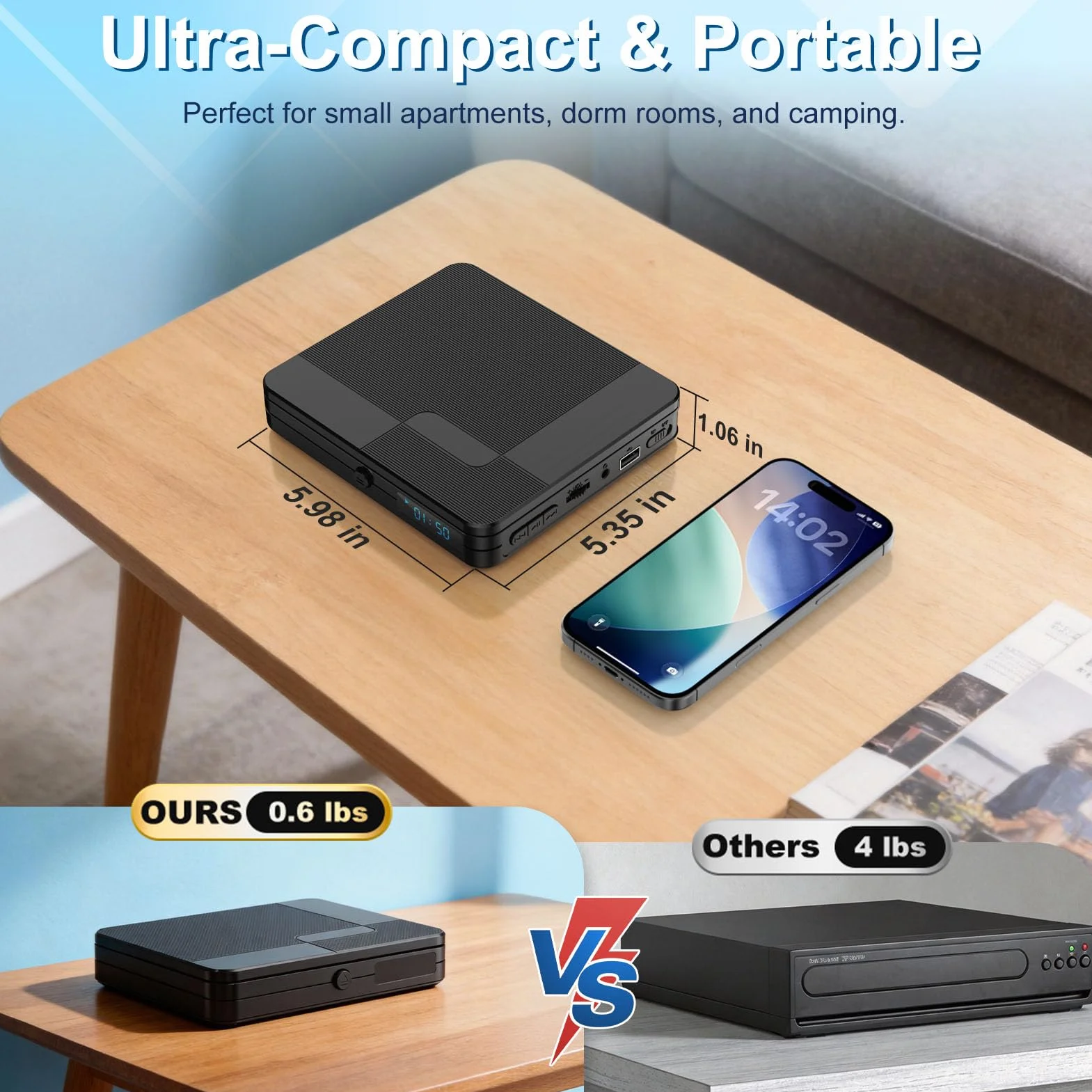 Mini lettore DVD con telecomando – All Region Free 1080P HD Piccolo lettore CD DVD compatto per Smart TV e proiettore, dispone di uscita HDMI, jack per cuffie, ingresso USB 2.0, supporto PAL
