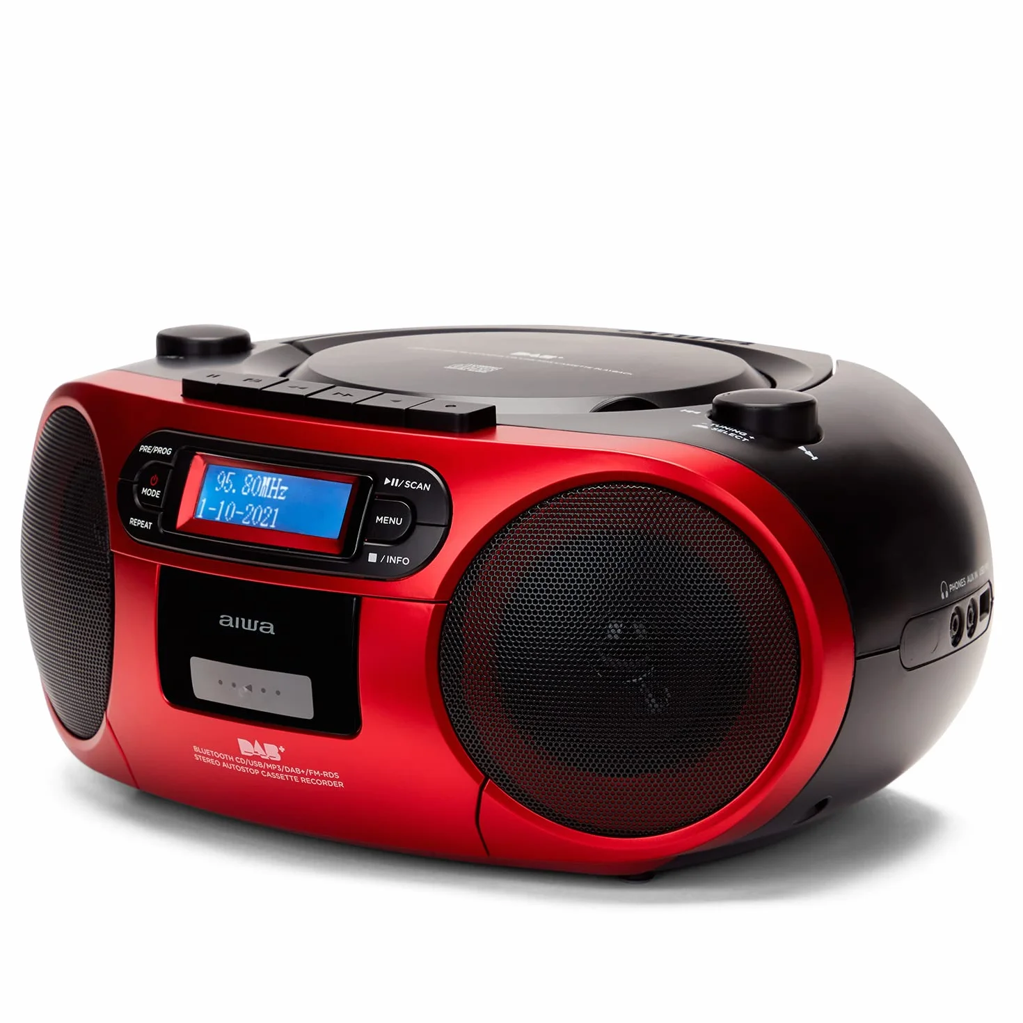 ALTAVOCES BLUETOOTH CON LECTOR DE CD MP3 CASETES Y USB AIWA BOOMBOX BBTC-660DAB RED RADIO BT 5.0 6W RMS JACK 3.5