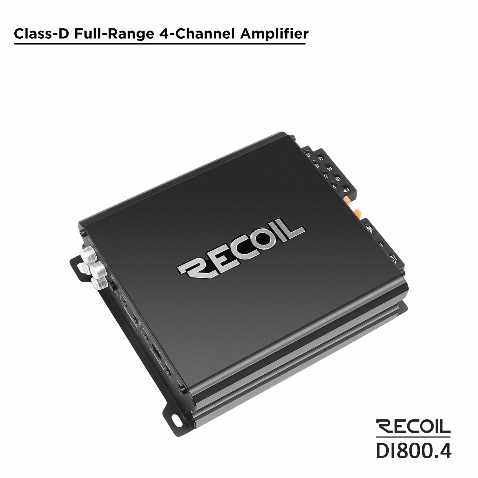 Recoil DI800.4 amplificatore audio per auto a 4 canali in classe D a gamma completa , 1500 watt, 2-4 Ohm stabili, alimentazione a Mosfet, collegabile a ponte