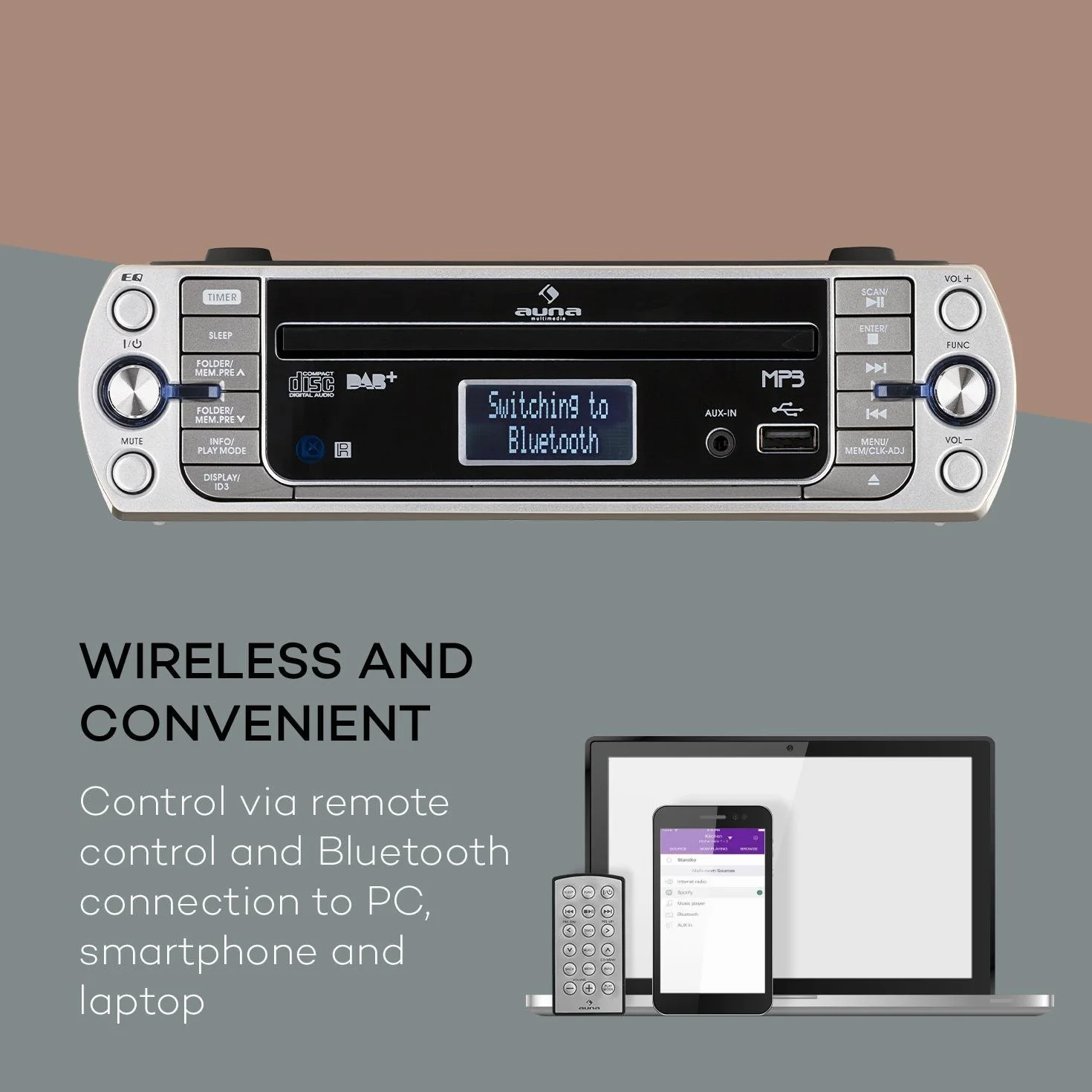 AUNA KR-400 CD - Radio da Cucina, Sottopensile, DAB+/PLL, FM, CD/MP3, Bluetooth, AUX, USB, 40 Stazioni Memorizzabili, Sveglia, Telecomando, Argento