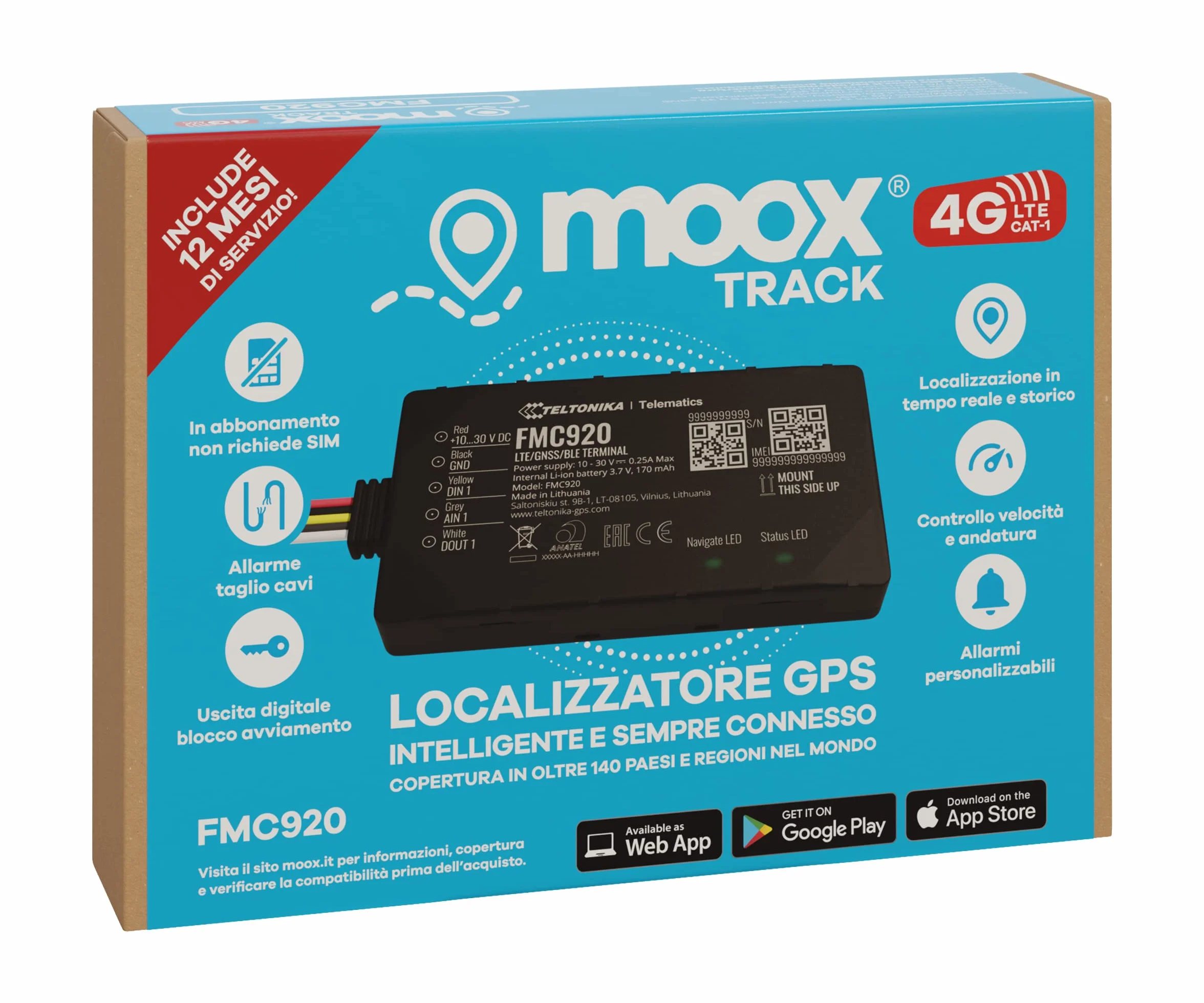 MOOX Track 4G Localizzatore Gps per Auto, Moto, Camion, Barca - App Facile da Usare, Posizione in Tempo Reale, Allarmi e avvisi - Sim e Traffico Incluso per 12 Mesi - Sempre Connesso - Blocco motore