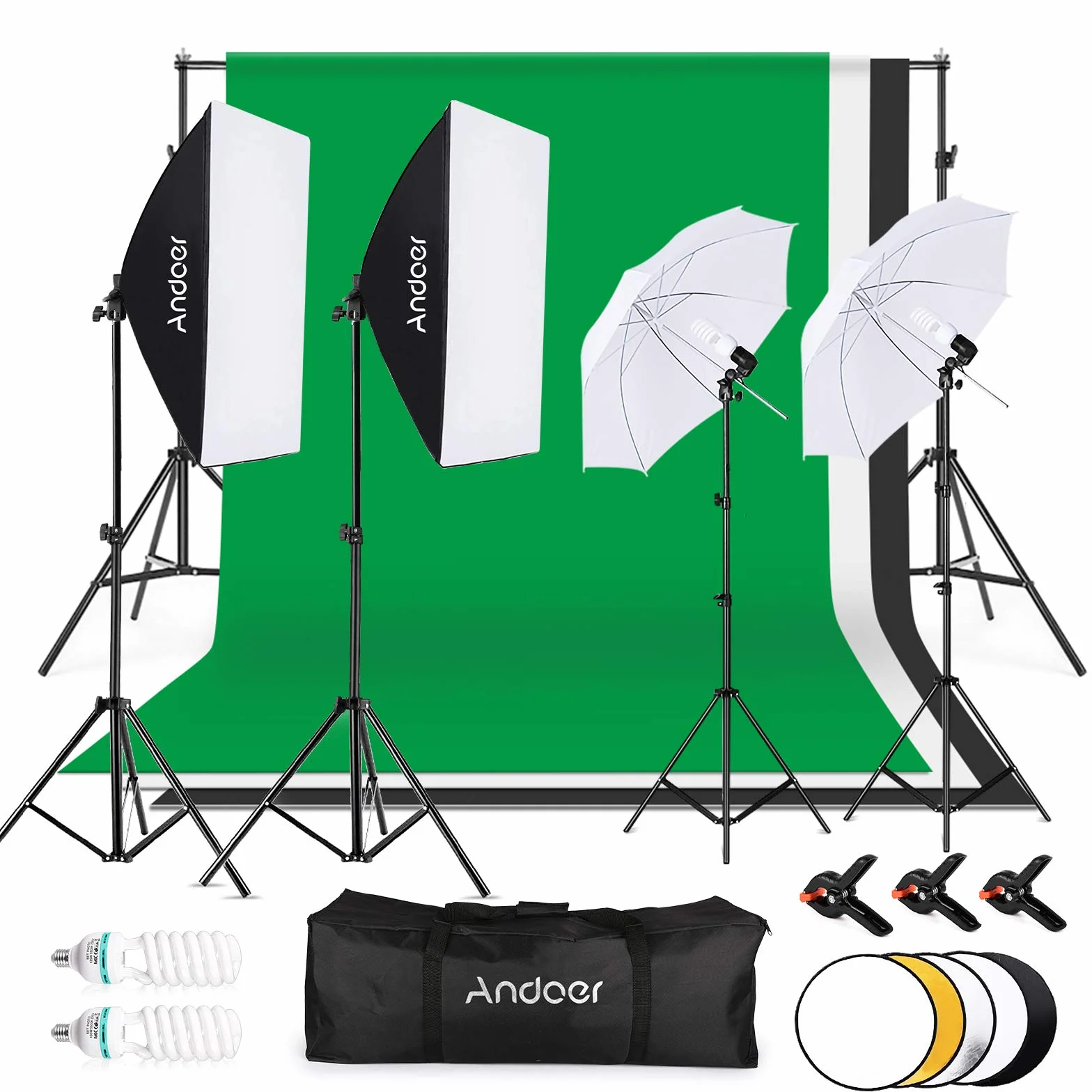 Andoer Set Fotografico, Studio Fotografico Kit di Illuminazione 1.8x 2.8m/6x9ft con Sistema per Sfondo 135W 5500K Ombrello Softbox Softbox kits 5in1 Reflector for Photo Studio Fotografia Video