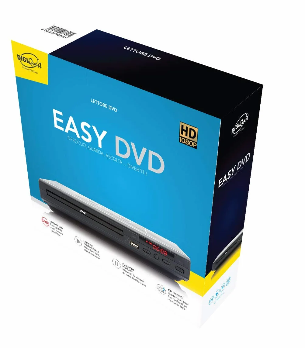 Digiquest Lettore Dvd Easy, riproduzione video,audio,immagini,trasferisci i file dal DVD alla memoria USB senza PC,riprendi la visione da dove l'hai lasciata anche dopo una interruzione di corrente