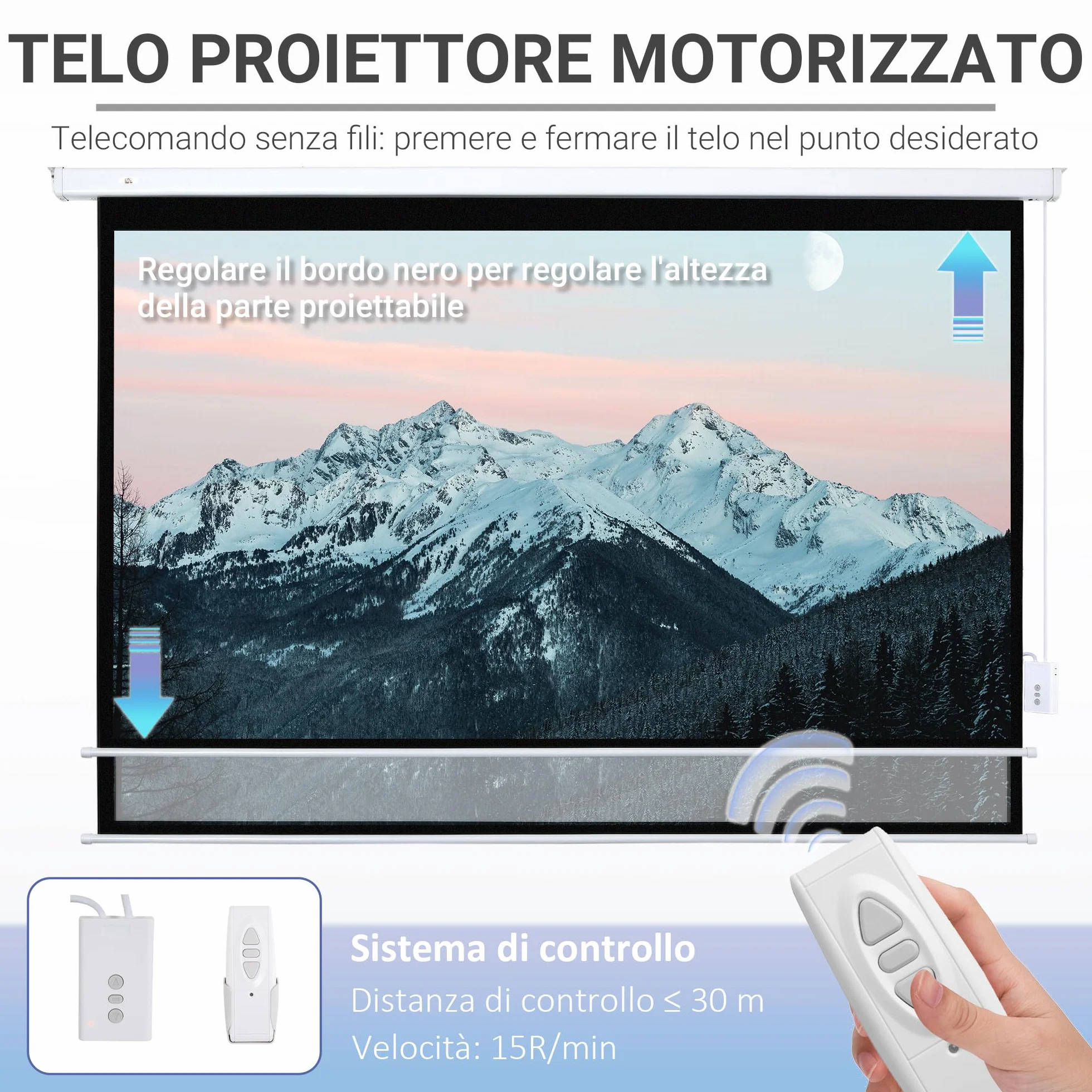 HOMCOM Telo Proiettore Motorizzato da 100 Pollici 4K HD Formato 16:9, Schermo Proiettore Motorizzato Elettrico con Telecomando, per Casa, Cinema, Ufficio, Home, Esterno, 247x7.5x168 cm, Bianco