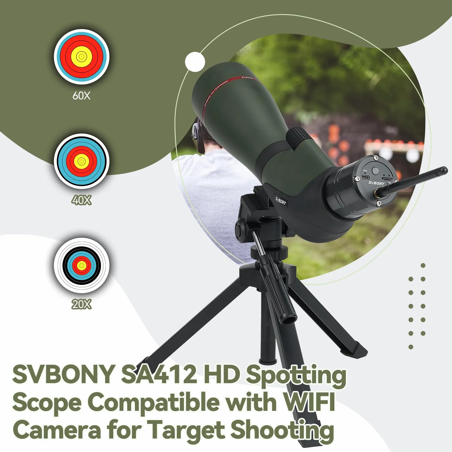 Svbony SA412 20-60x80 Spotting Scopes con WIFI Camera, HD Spotting Scope con Treppiede da Tavolo, Cannocchiale a Lungo Raggio, Cannocchiale Antiappannamento Impermeabile FMC per Tiro al Bersaglio
