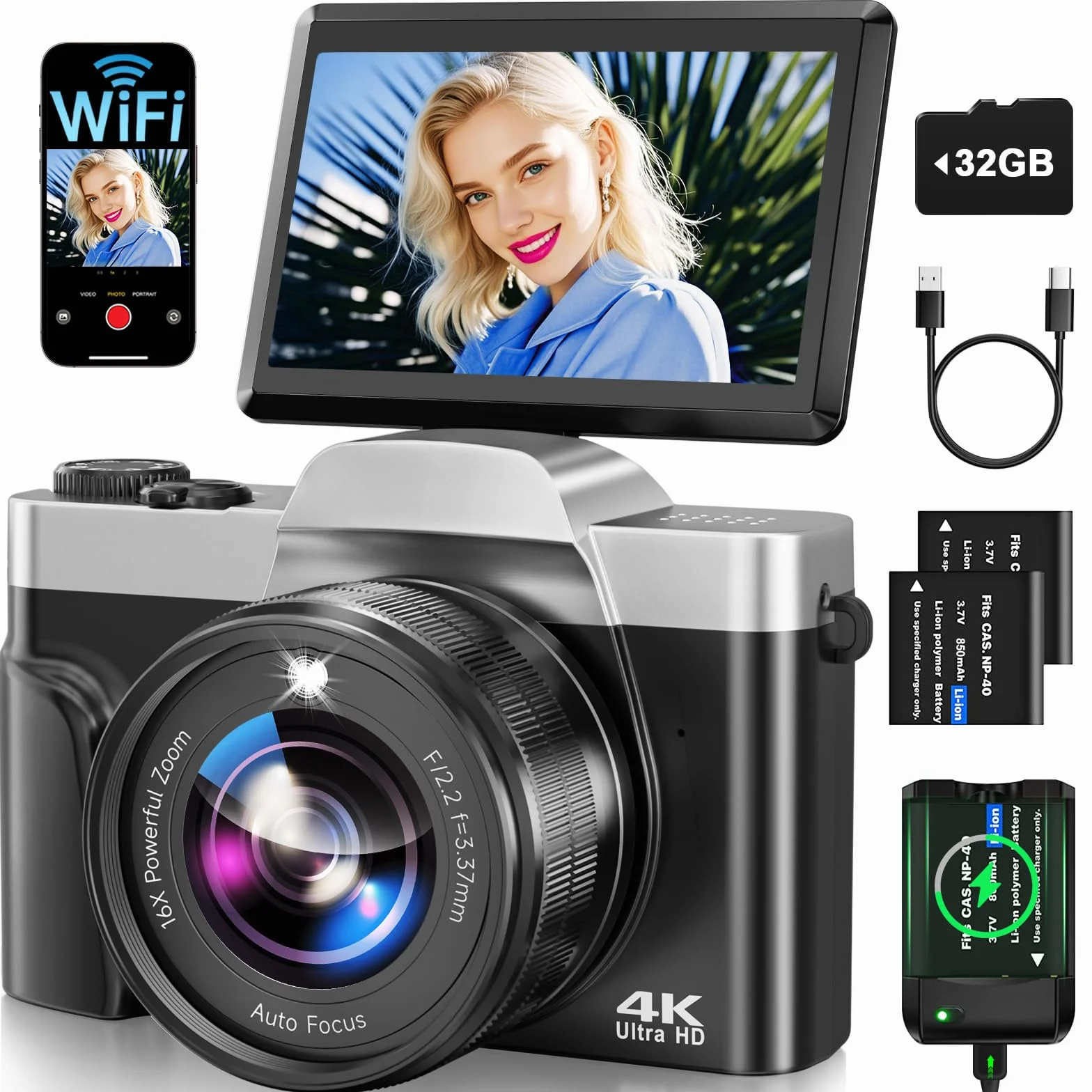 Macchina Fotografica Digitale con WiFi, 4K 64MP Autofocus Fotocamera Compatta, Digitale Camera con 16X Zoom 3" Flip 180° Videocamera con Scheda di Memoria Da 32GB per Principianti e Adolescenti