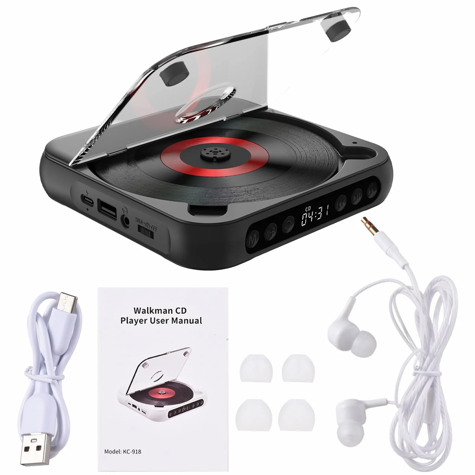 Kavolet Lettore CD Portatile BT - Lettore CD con Coperchio Antipolvere - Cuffie Incluse - 6 modalità - Timer Ripetizione AB - Telecomando - Funzione di Riproduzione Esterna