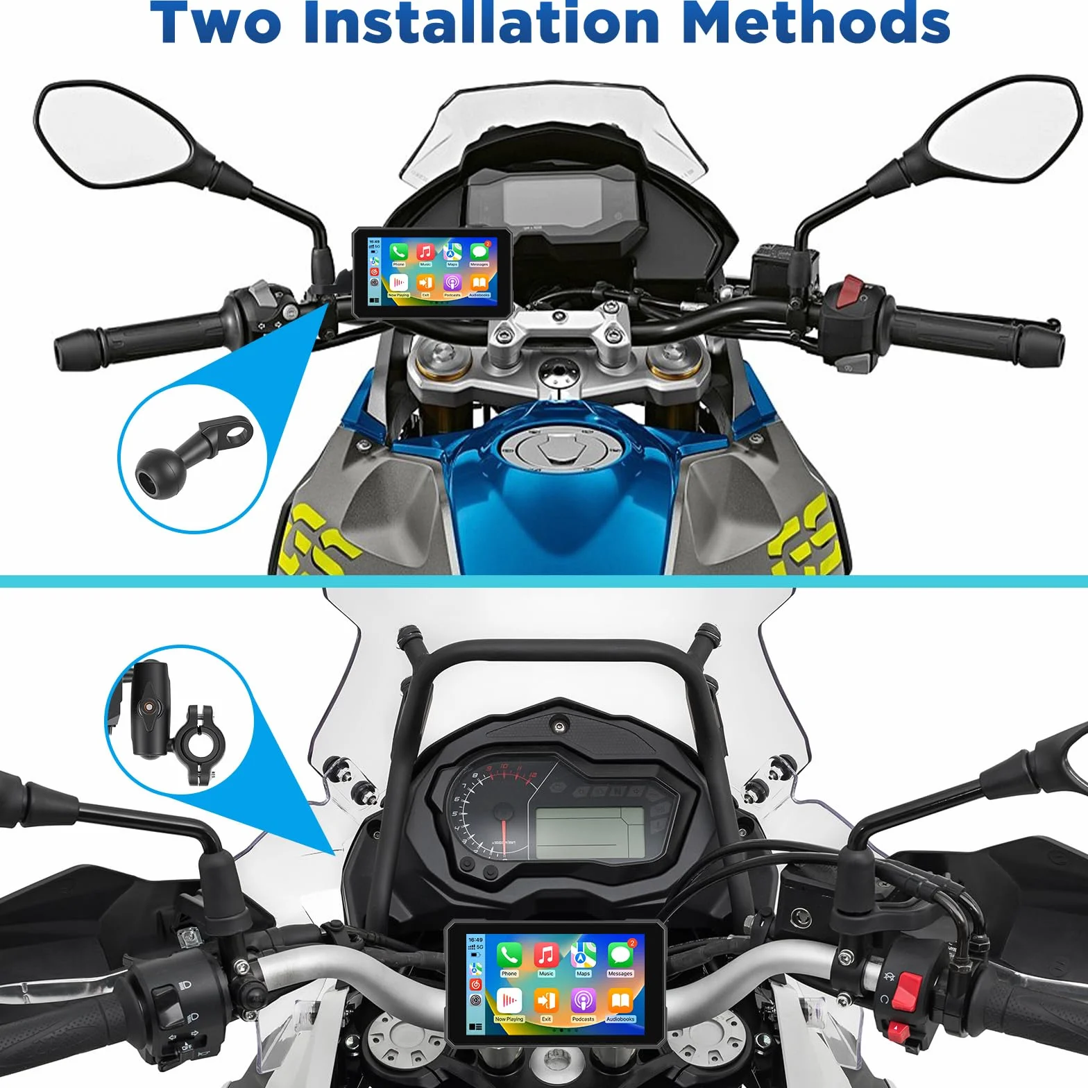 5 Pollici Navigatore Moto con Wireless CarPlay e Android Auto, Impermeabile IP67, Monitoraggio Della Pressione Dei Pneumatici, Navigazione GPS e Controllo Vocale - per Tutte le Motociclette